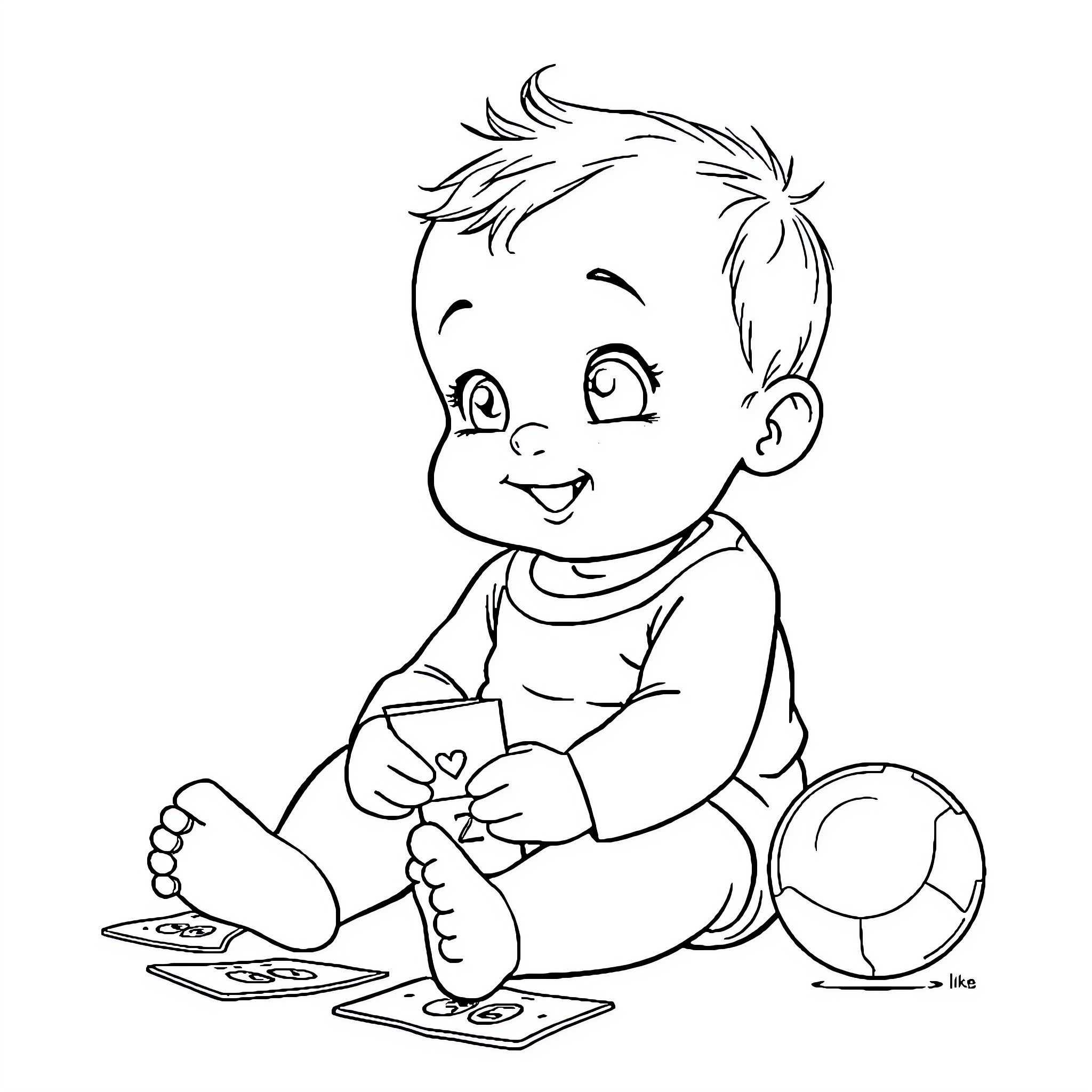 Baby boy playing with toys happily Coloring Page (free black-and-white line drawing printable PDF for all, from beginners to advanced learners, including children, teens, adults, and seniors)