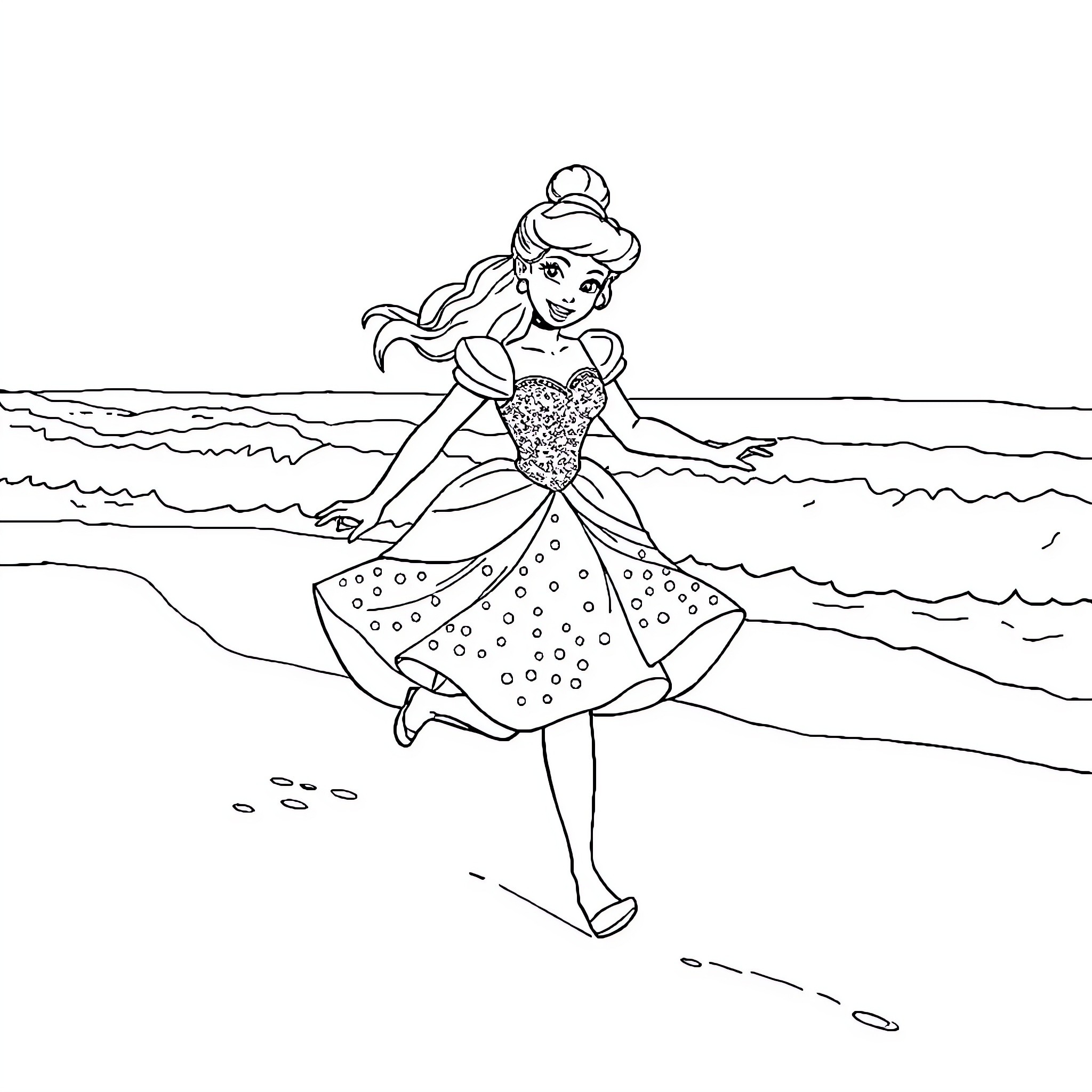Cinderella dancing happily on the beach Coloring Page (free black-and-white line drawing printable PDF for all, from beginners to advanced learners, including children, teens, adults, and seniors)