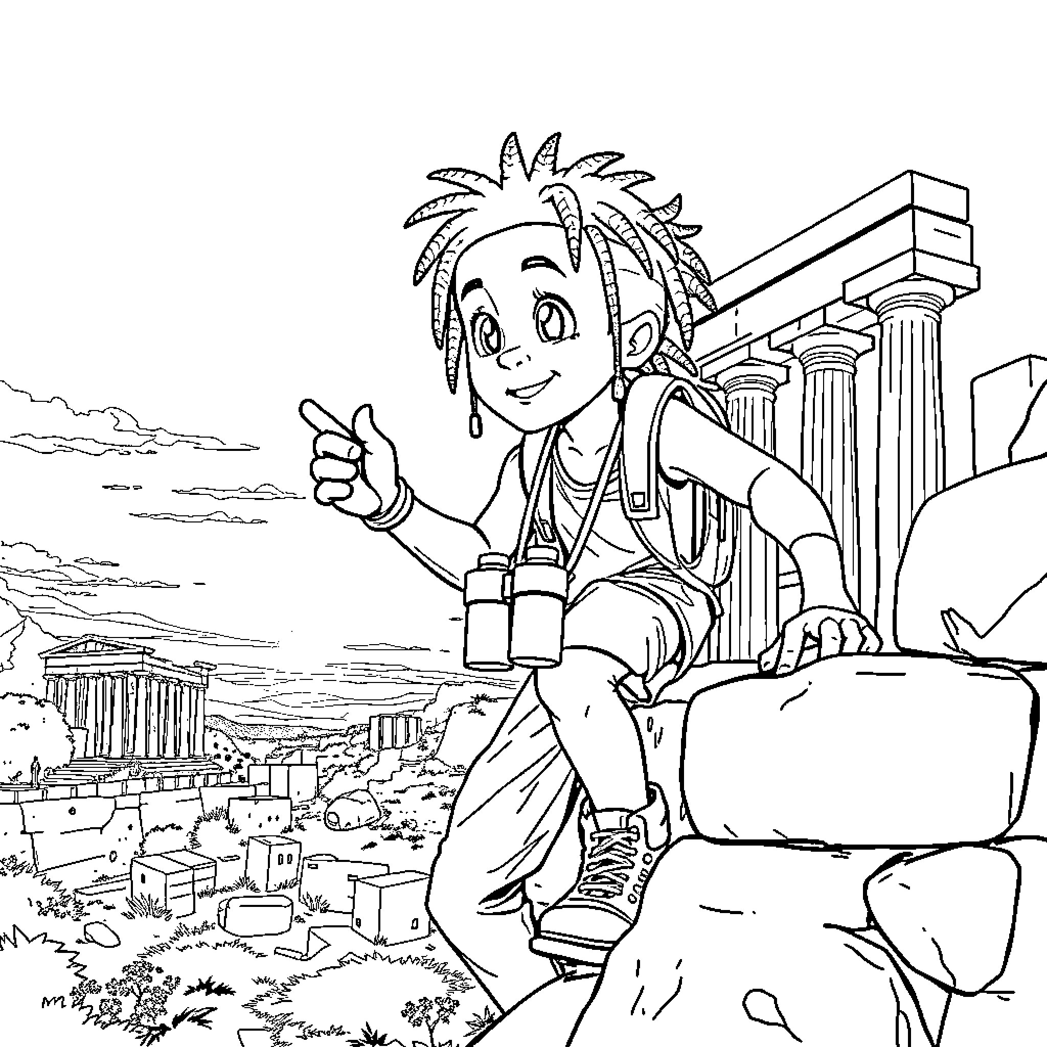 Teen explores ancient ruins with enthusiasm Coloring Page (free black-and-white line drawing printable PDF for all, from beginners to advanced learners, including children, teens, adults, and seniors)