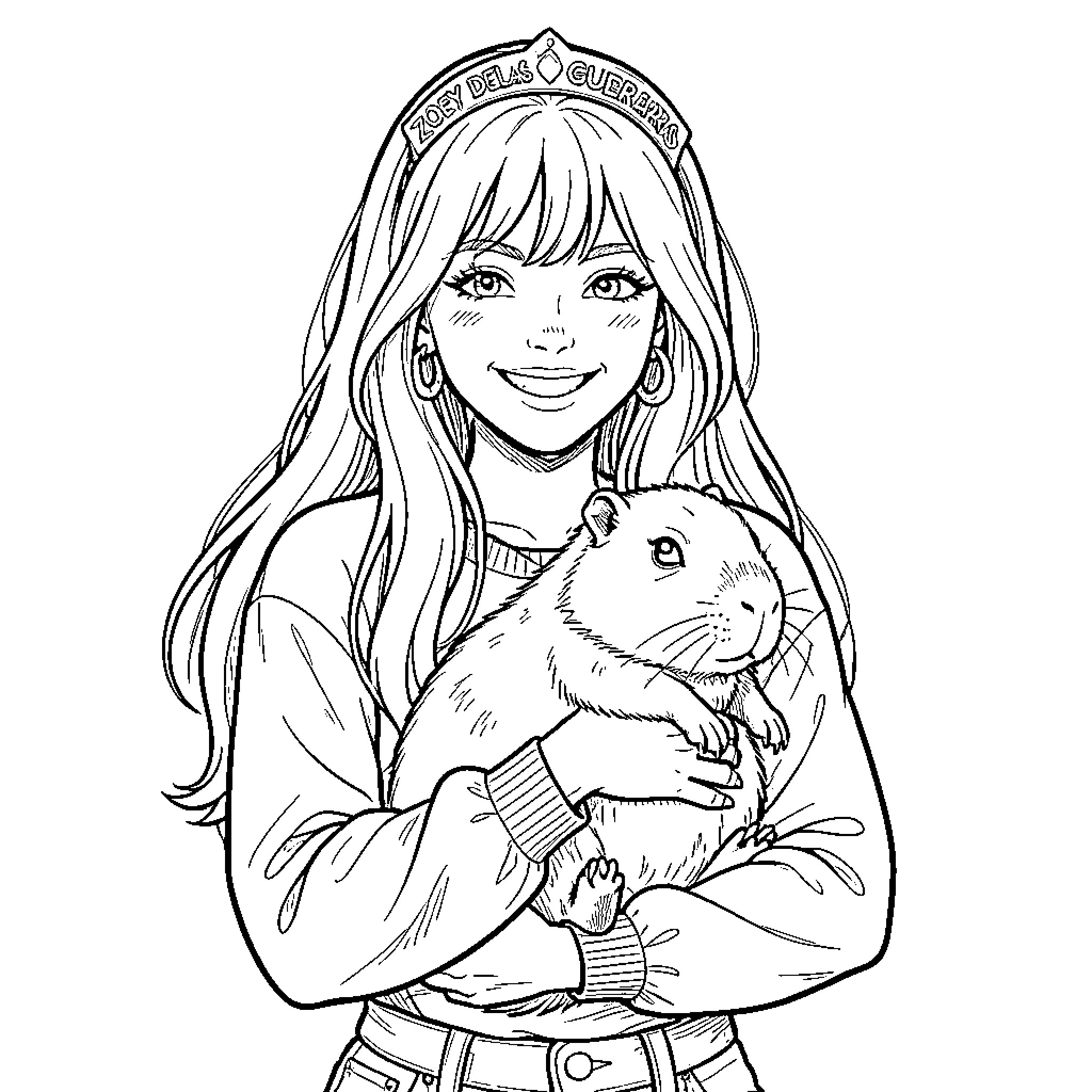Zoey's Joyful Embrace with her Furry Friend Coloring Page (free black-and-white line drawing printable PDF for all, from beginners to advanced learners, including children, teens, adults, and seniors)