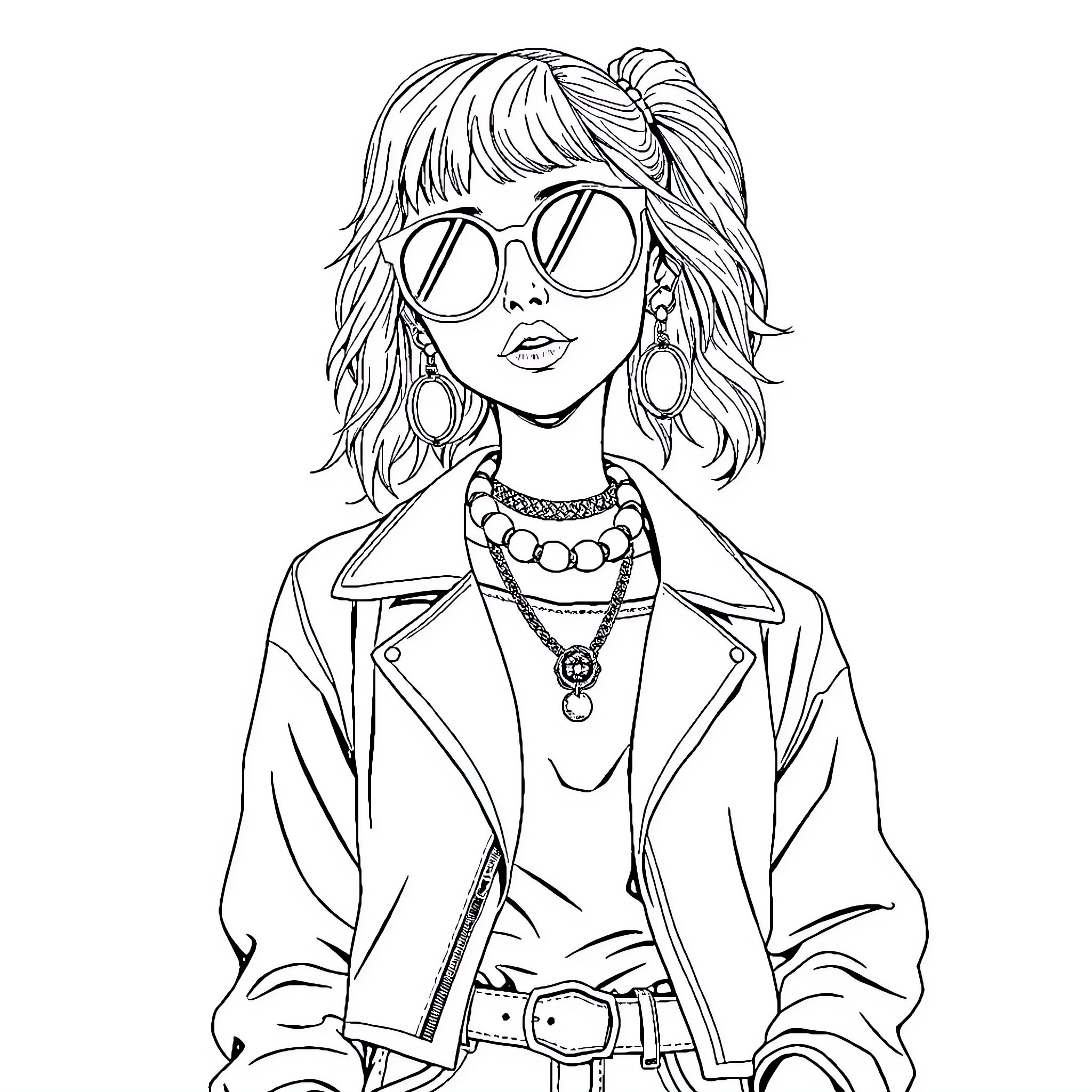 Girl with trendy outfit and accessories Coloring Page (free black-and-white line drawing printable PDF for all, from beginners to advanced learners, including children, teens, adults, and seniors)