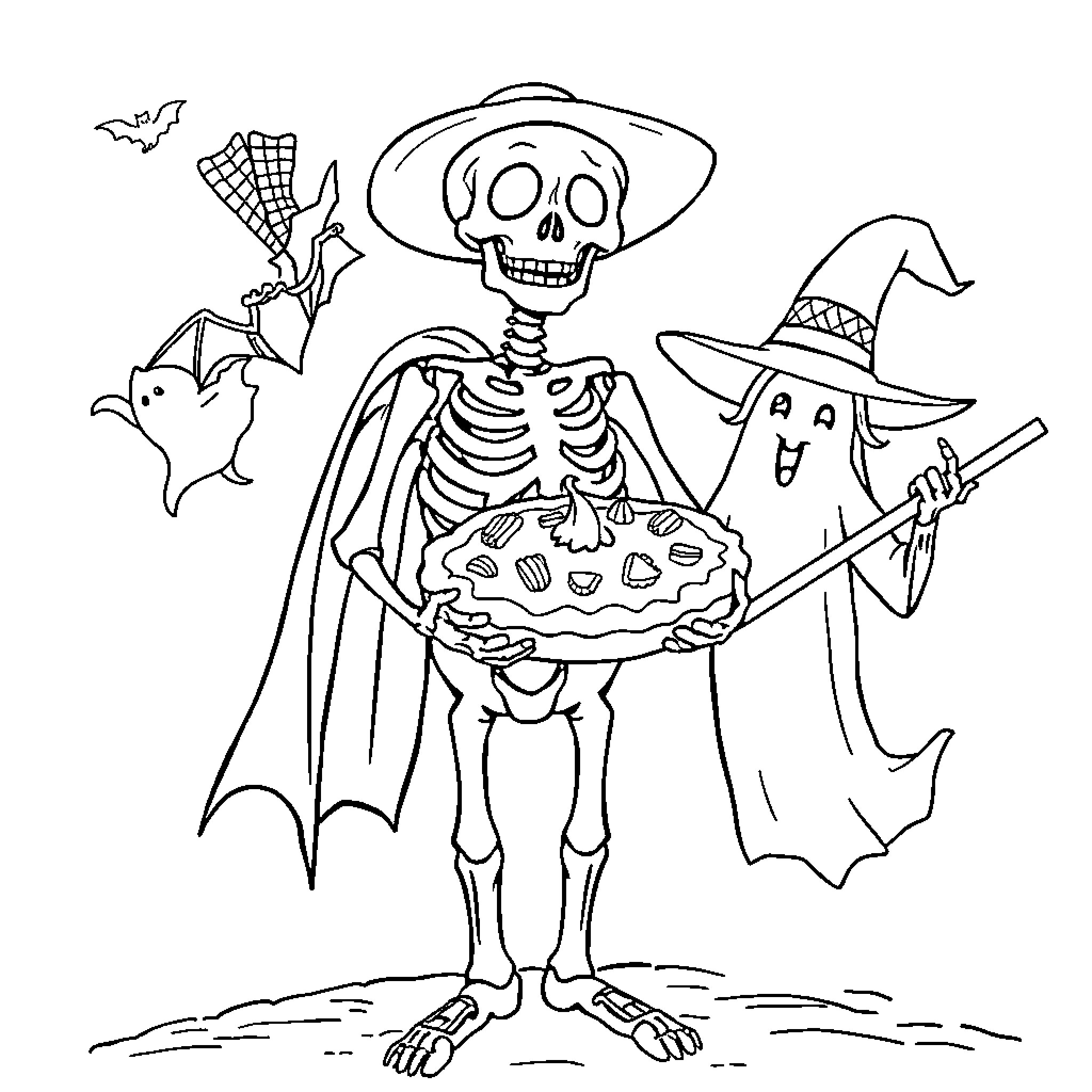 Skeleton in Halloween costume with bat and ghost Coloring Page (free black-and-white line drawing printable PDF for all, from beginners to advanced learners, including children, teens, adults, and seniors)