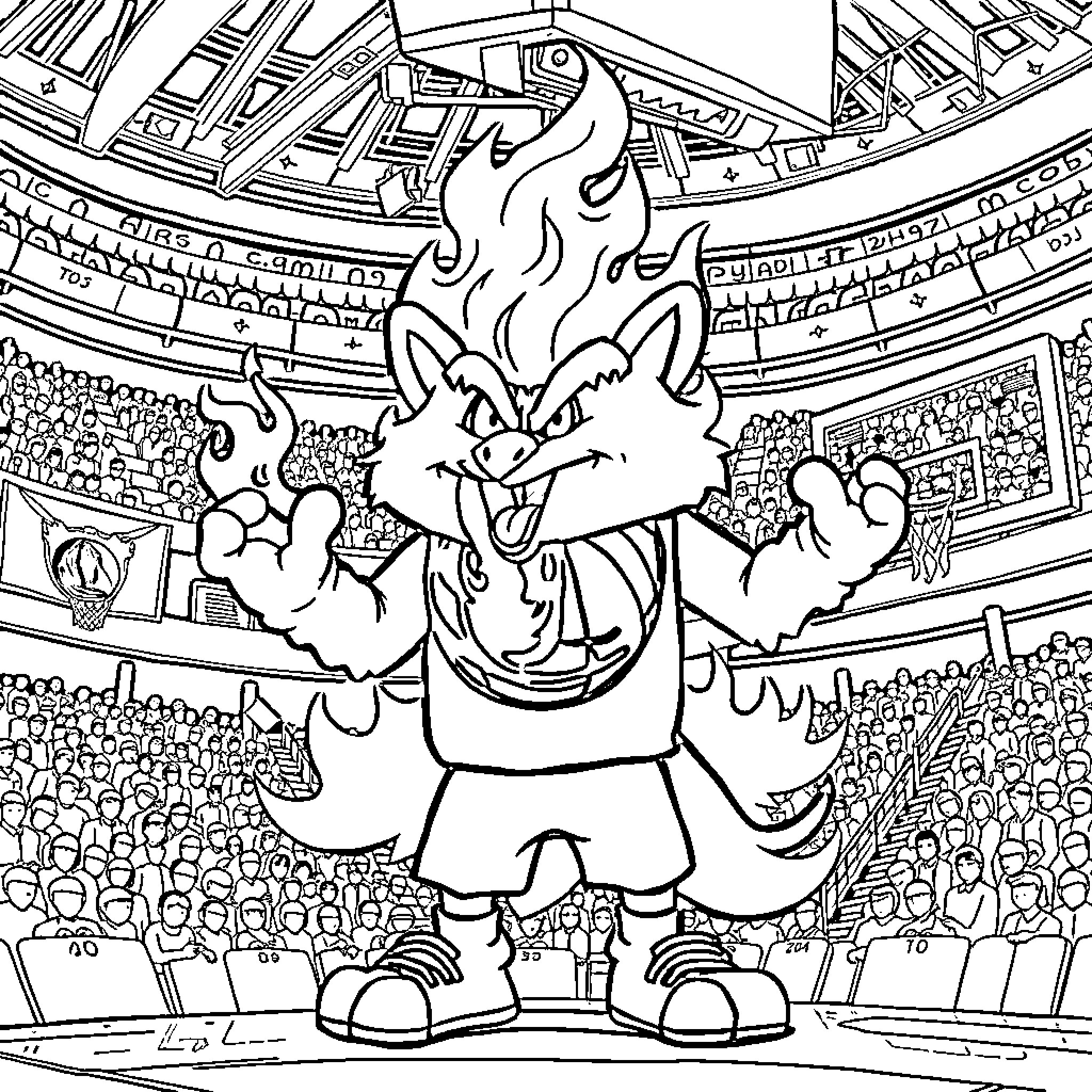 Nico the Fiery Sports Mascot Rallying the Crowd Coloring Page (free black-and-white line drawing printable PDF for all, from beginners to advanced learners, including children, teens, adults, and seniors)