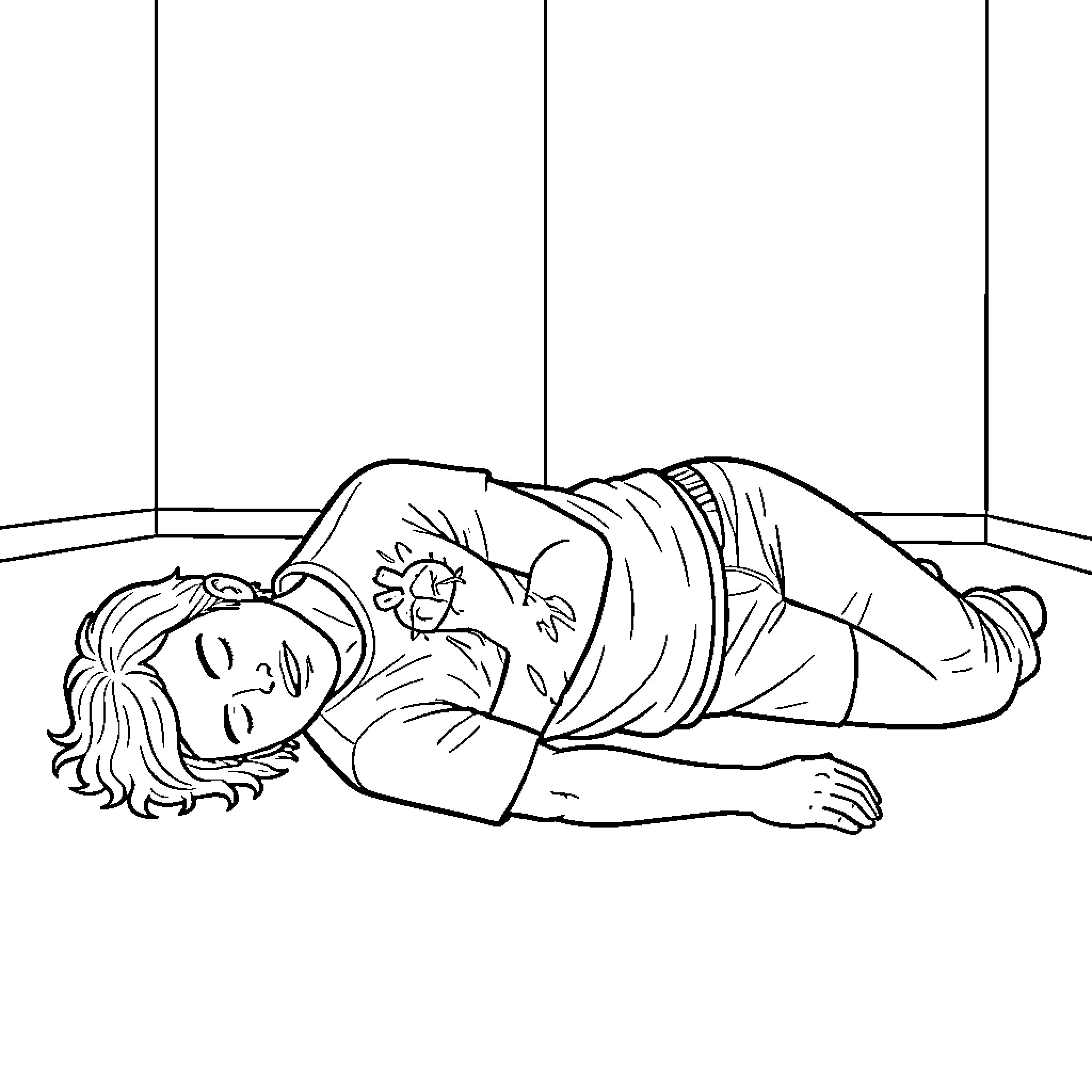Heart resting on the floor Coloring Page (free black-and-white line drawing printable PDF for all, from beginners to advanced learners, including children, teens, adults, and seniors)