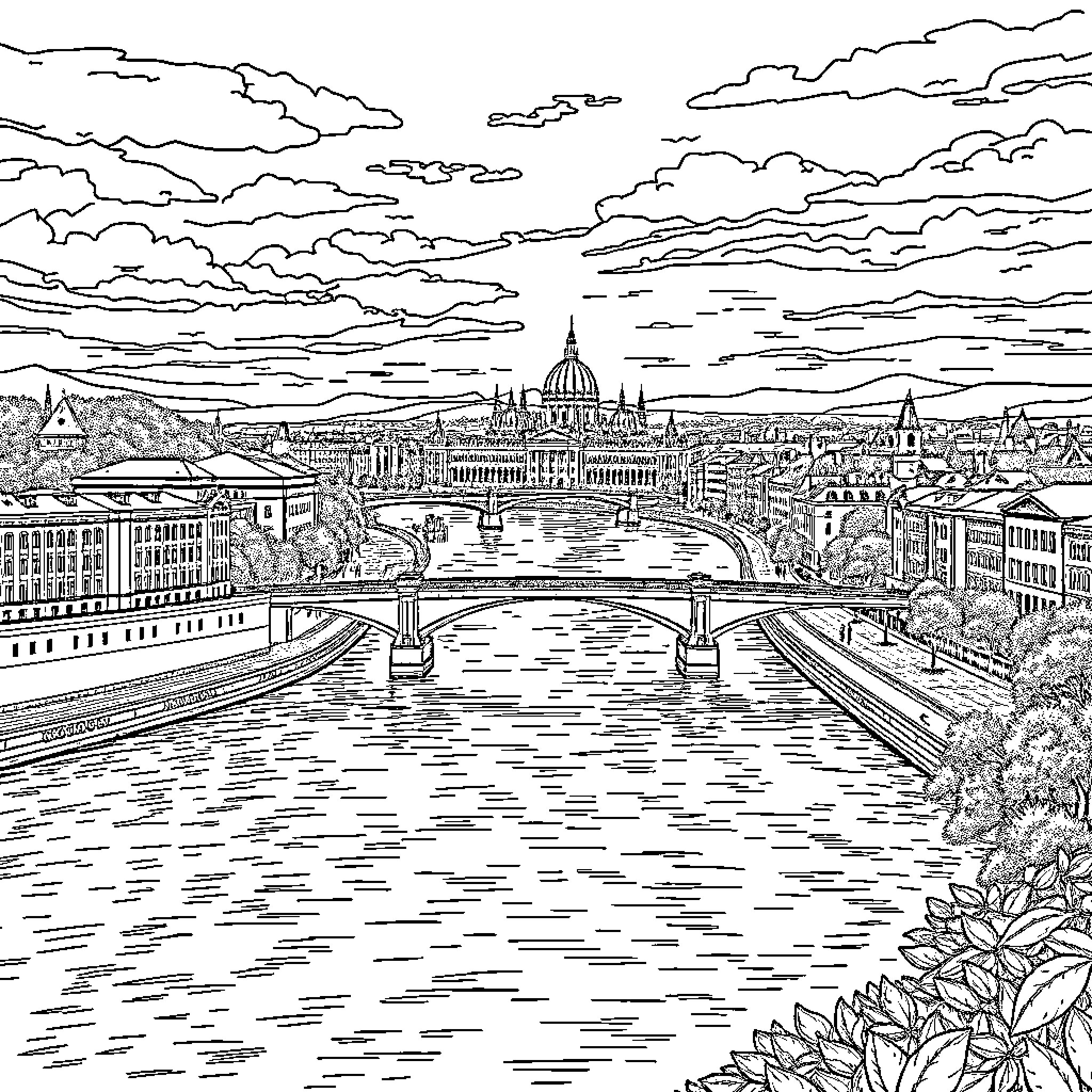 Budapest panorama with bridges and cityscape Coloring Page (free black-and-white line drawing printable PDF for all, from beginners to advanced learners, including children, teens, adults, and seniors)