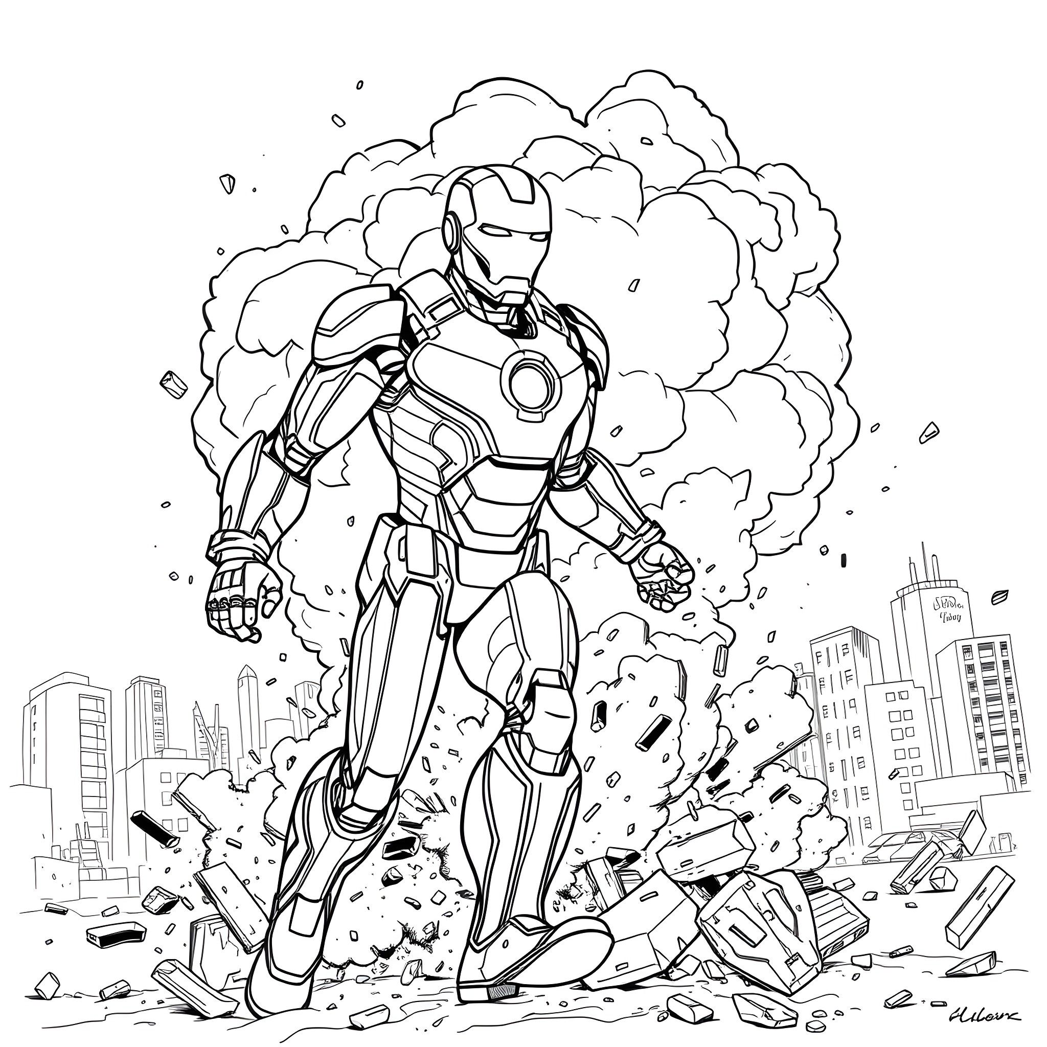 Iron Man heroically battling in the city Coloring Page (free black-and-white line drawing printable PDF for all, from beginners to advanced learners, including children, teens, adults, and seniors)
