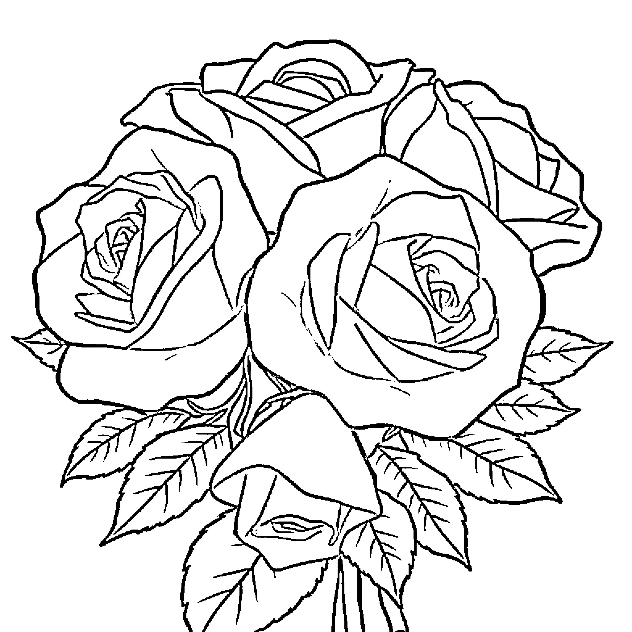 Rose Bouquet with Detailed Petals and Leaves Coloring Page (free black-and-white line drawing printable PDF for all, from beginners to advanced learners, including children, teens, adults, and seniors)