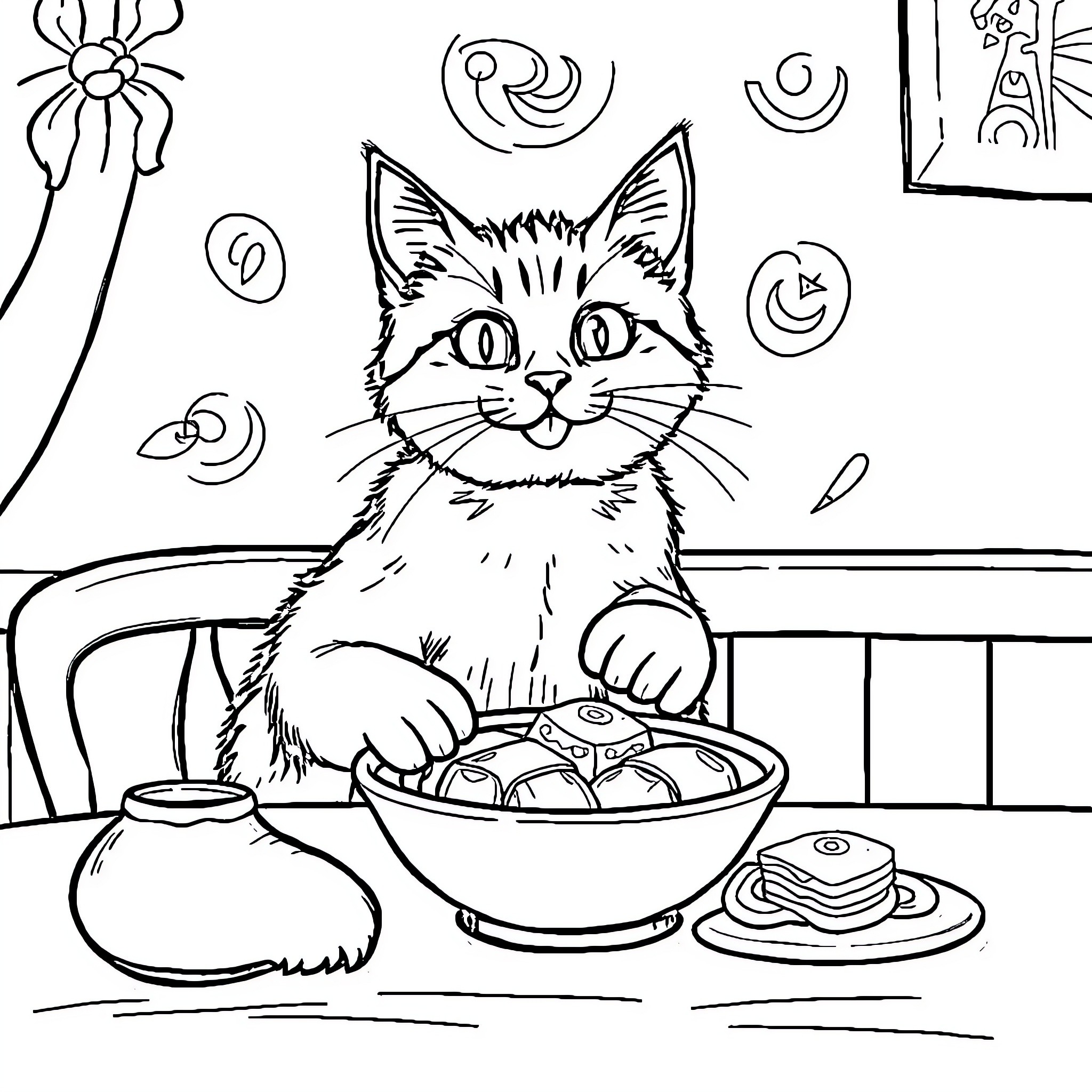 Cat enjoying a tasty meal in the kitchen Coloring Page (free black-and-white line drawing printable PDF for all, from beginners to advanced learners, including children, teens, adults, and seniors)
