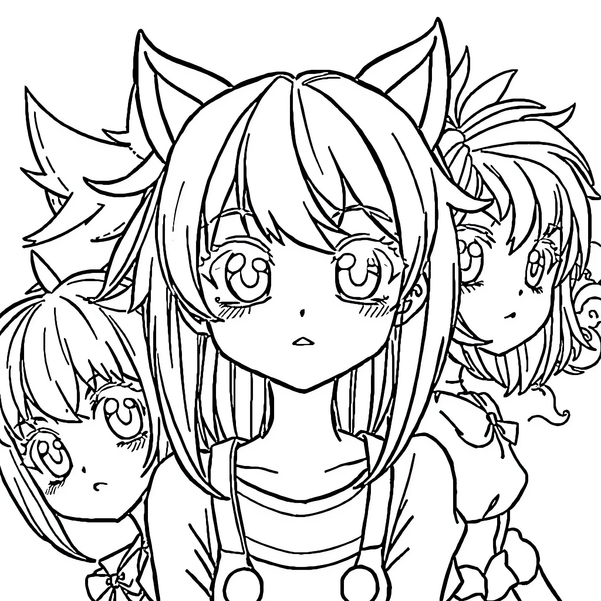 Anime Girls with Expressive Faces and Diverse Hairstyles Coloring Page (free black-and-white line drawing printable PDF for all, from beginners to advanced learners, including children, teens, adults, and seniors)