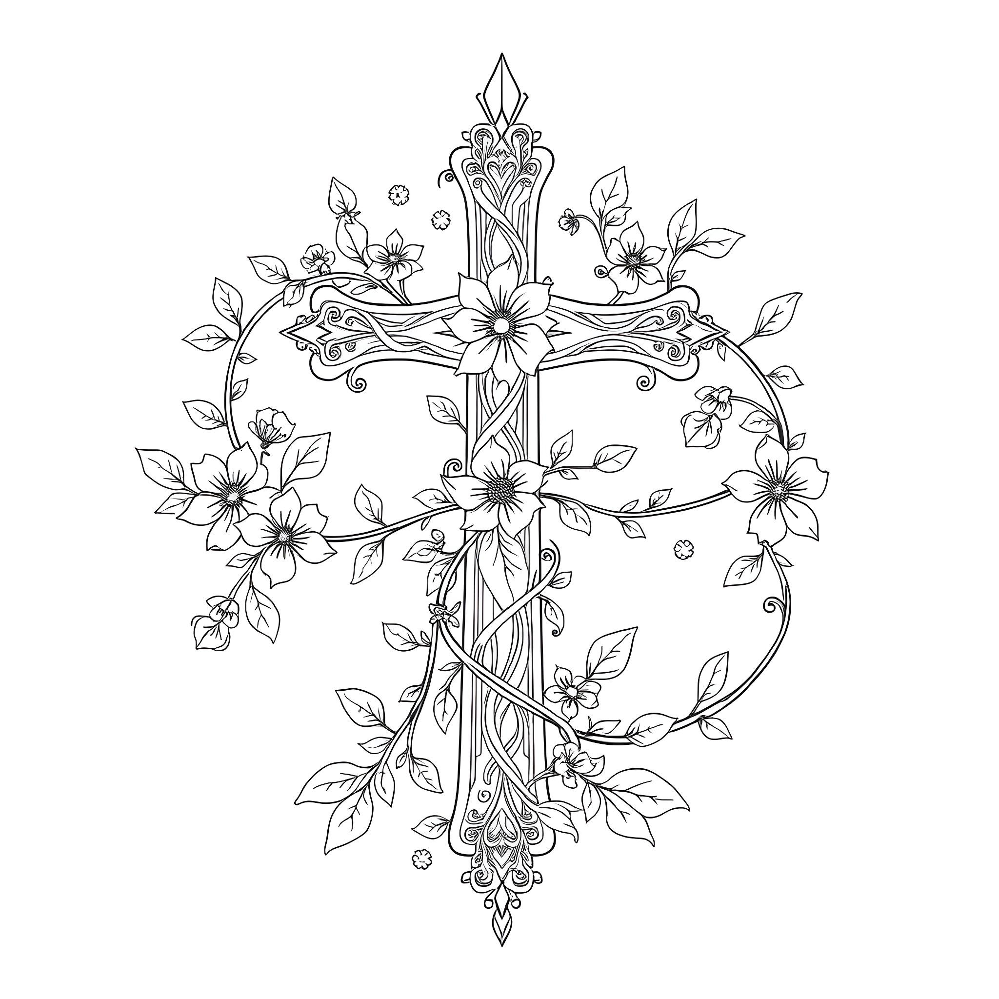 Cross Adorned with Floral Motifs Coloring Page (free black-and-white line drawing printable PDF for all, from beginners to advanced learners, including children, teens, adults, and seniors)