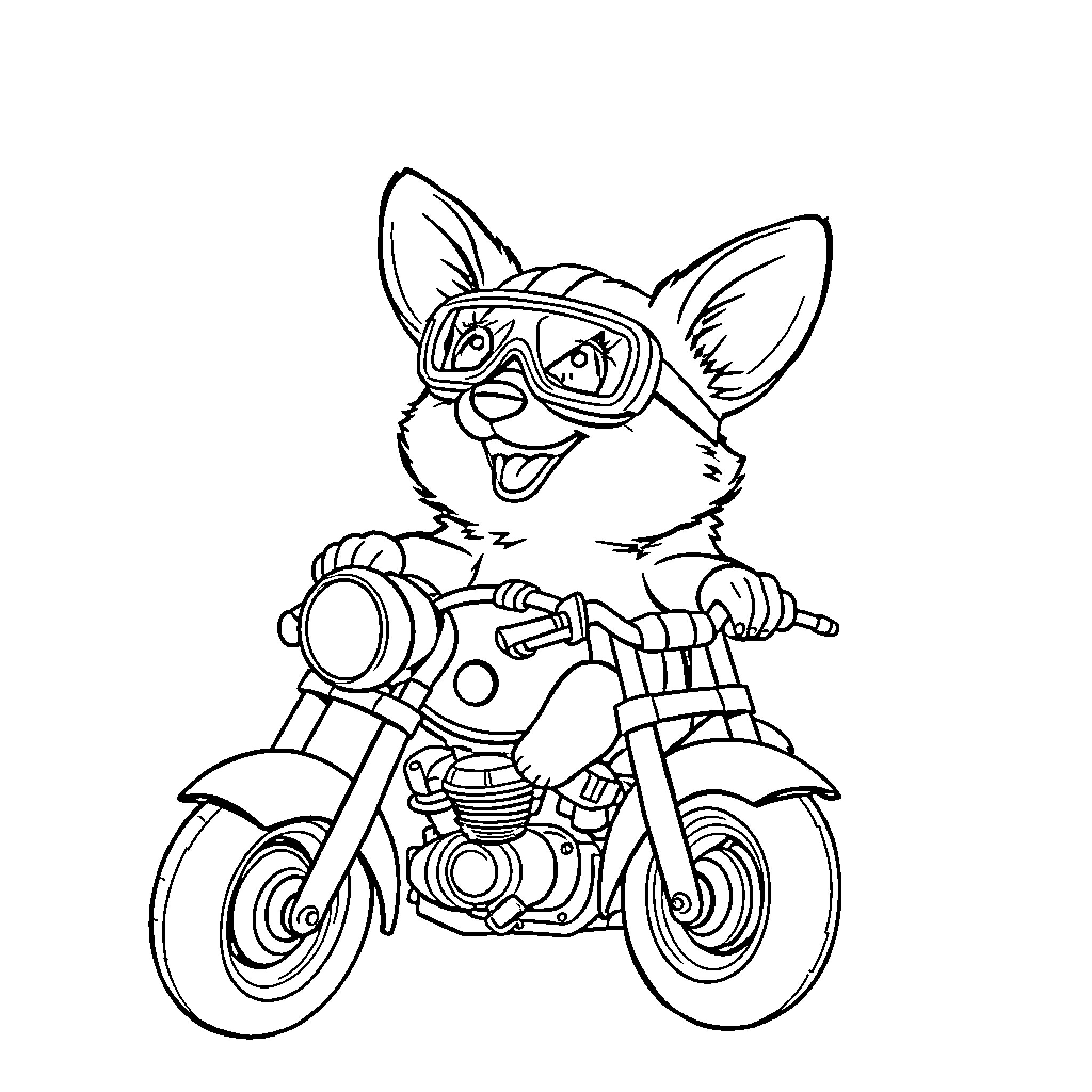 Corgi riding an adventurous motorcycle Coloring Page (free black-and-white line drawing printable PDF for all, from beginners to advanced learners, including children, teens, adults, and seniors)