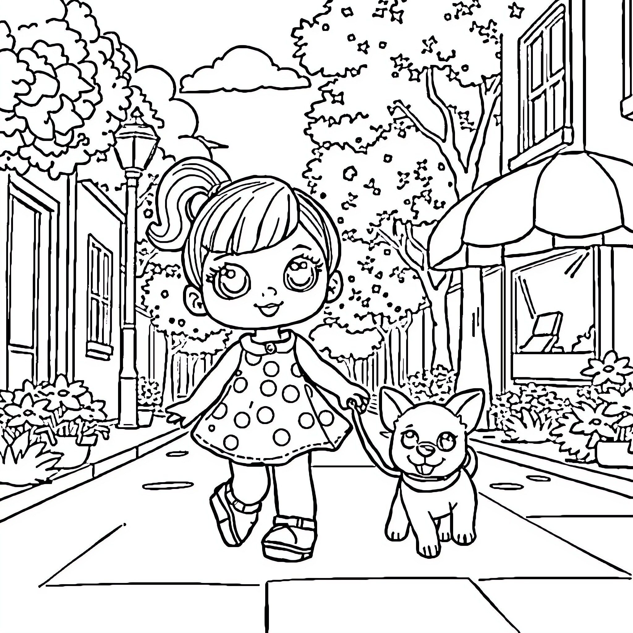 Lol Doll exploring the neighborhood with her pet Coloring Page (free black-and-white line drawing printable PDF for all, from beginners to advanced learners, including children, teens, adults, and seniors)