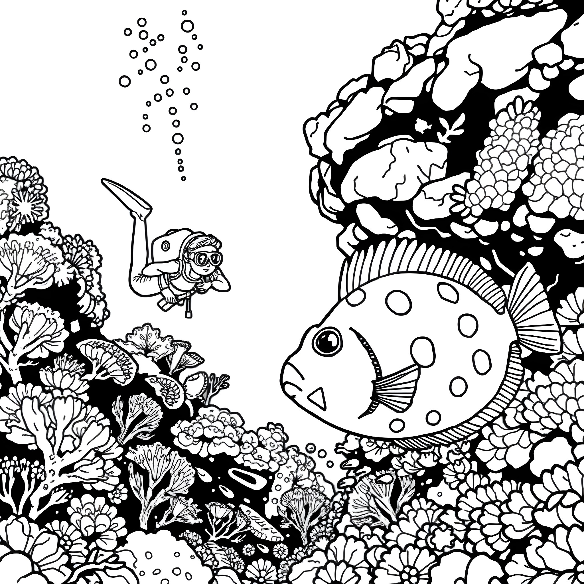 Scuba Diver Exploring Vibrant Underwater Coral Reef Coloring Page (free black-and-white line drawing printable PDF for all, from beginners to advanced learners, including children, teens, adults, and seniors)