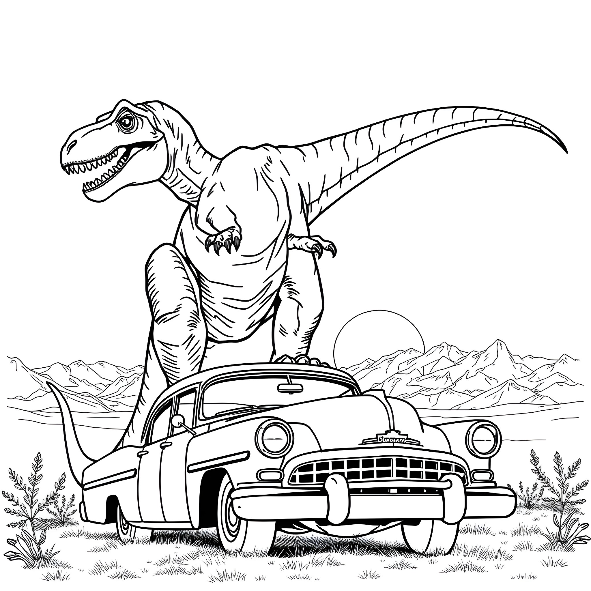T-Rex stomping on vintage car in the wild Coloring Page (free black-and-white line drawing printable PDF for all, from beginners to advanced learners, including children, teens, adults, and seniors)