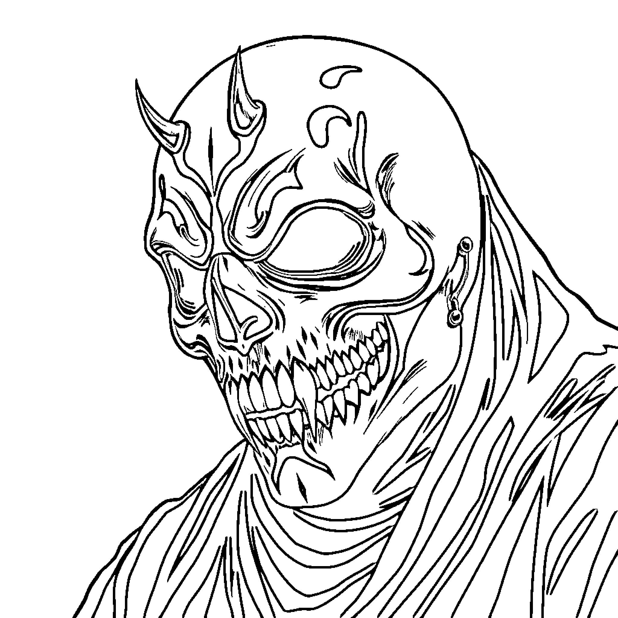 Slipknot Mask with Terrifying Demonic Expression Coloring Page (free black-and-white line drawing printable PDF for all, from beginners to advanced learners, including children, teens, adults, and seniors)