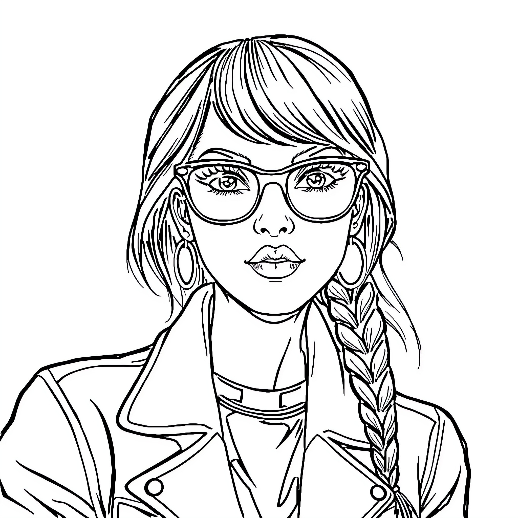 Girl with braided hair and glasses Coloring Page (free black-and-white line drawing printable PDF for all, from beginners to advanced learners, including children, teens, adults, and seniors)