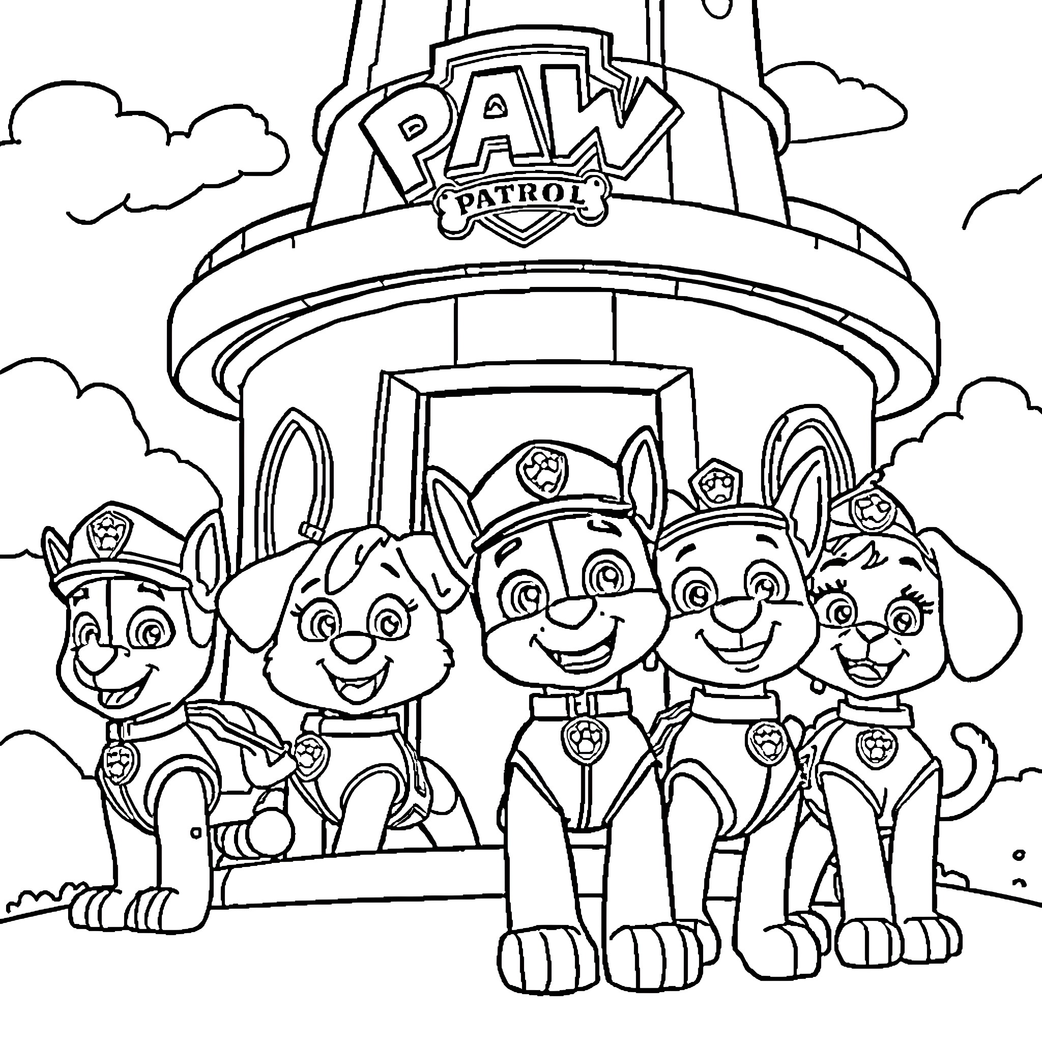 Paw Patrol heroes ready for action Coloring Page (free black-and-white line drawing printable PDF for all, from beginners to advanced learners, including children, teens, adults, and seniors)