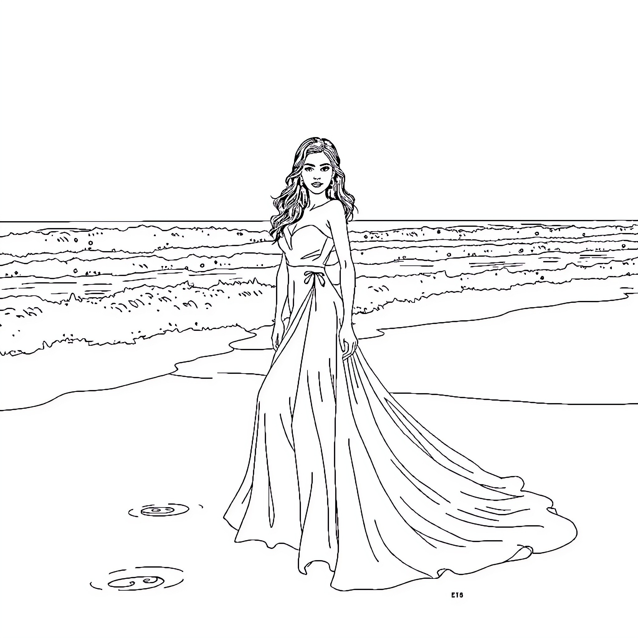 Dua Lipa standing elegantly on the beach Coloring Page (free black-and-white line drawing printable PDF for all, from beginners to advanced learners, including children, teens, adults, and seniors)