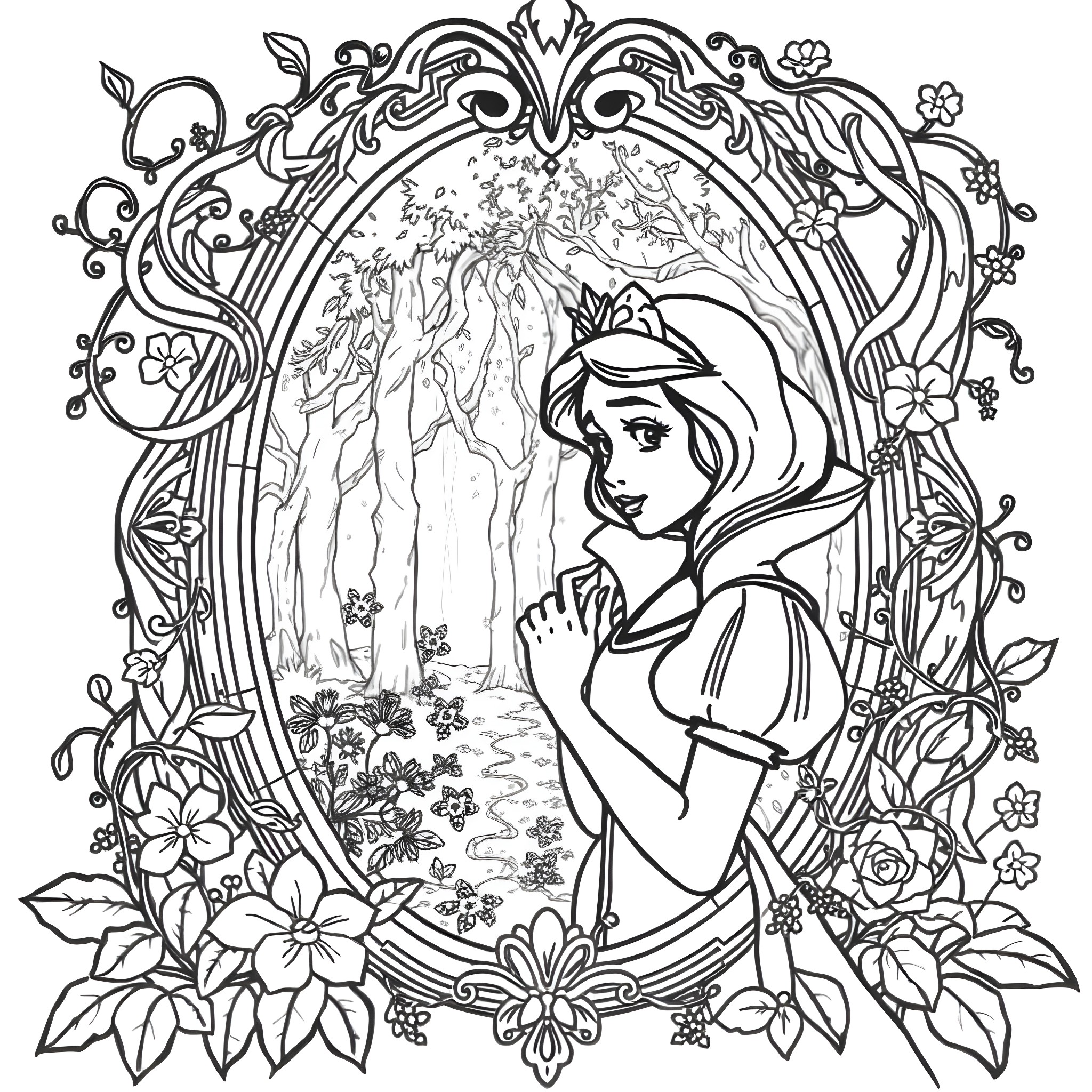 Magic Mirror Depicting a Fairytale Princess in a Floral Landscape Coloring Page (free black-and-white line drawing printable PDF for all, from beginners to advanced learners, including children, teens, adults, and seniors)