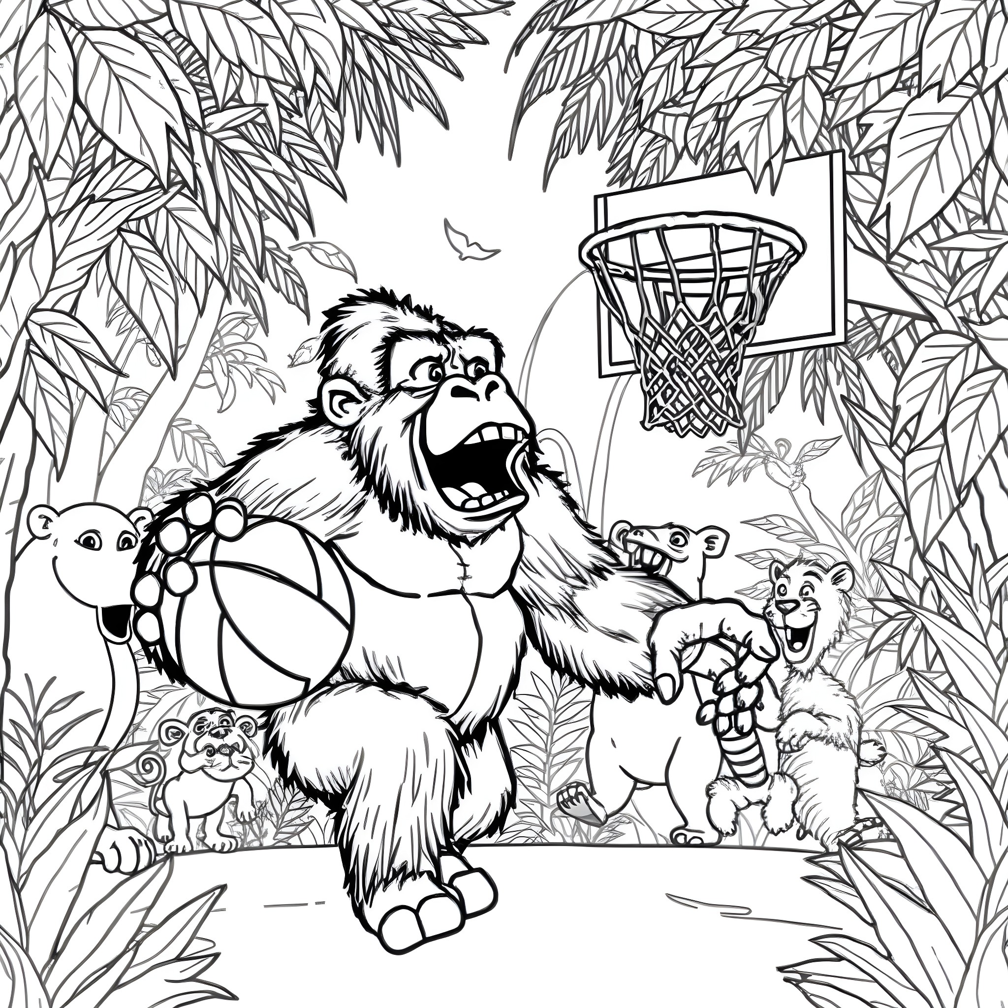 Gorilla playing basketball with baby animals in the jungle Coloring Page (free black-and-white line drawing printable PDF for all, from beginners to advanced learners, including children, teens, adults, and seniors)