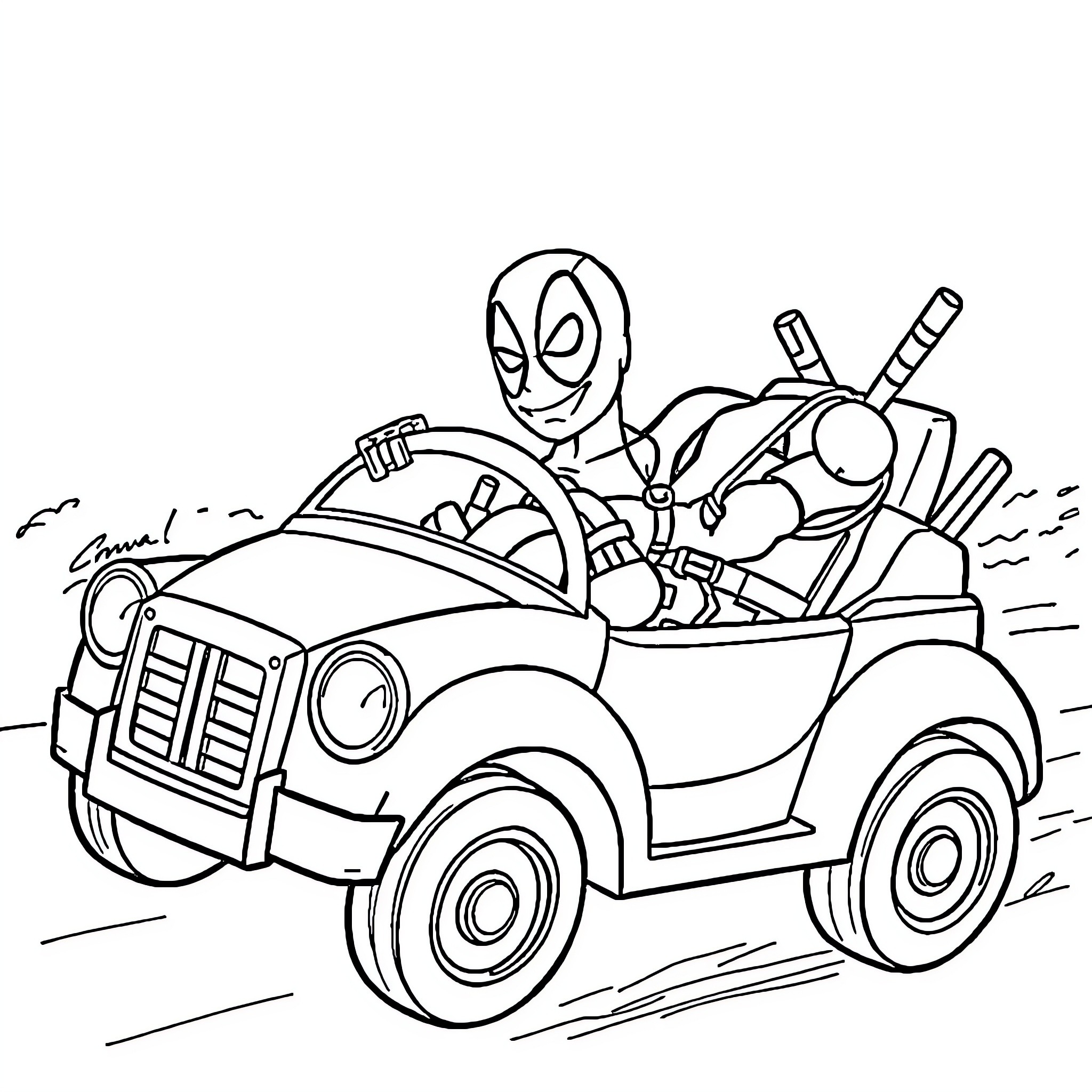 Deadpool's Humorous Hijinks in a Speedy Getaway Coloring Page (free black-and-white line drawing printable PDF for all, from beginners to advanced learners, including children, teens, adults, and seniors)