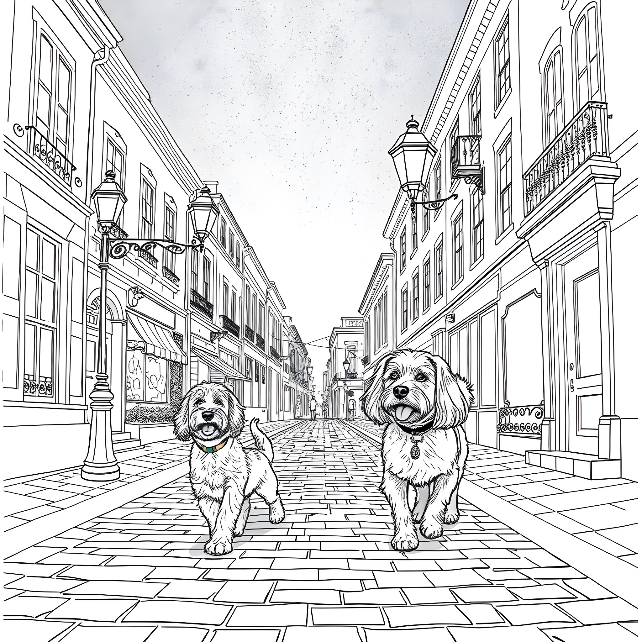 Lady And The Tramp Enjoying a Stroll in the City Coloring Page (free black-and-white line drawing printable PDF for all, from beginners to advanced learners, including children, teens, adults, and seniors)