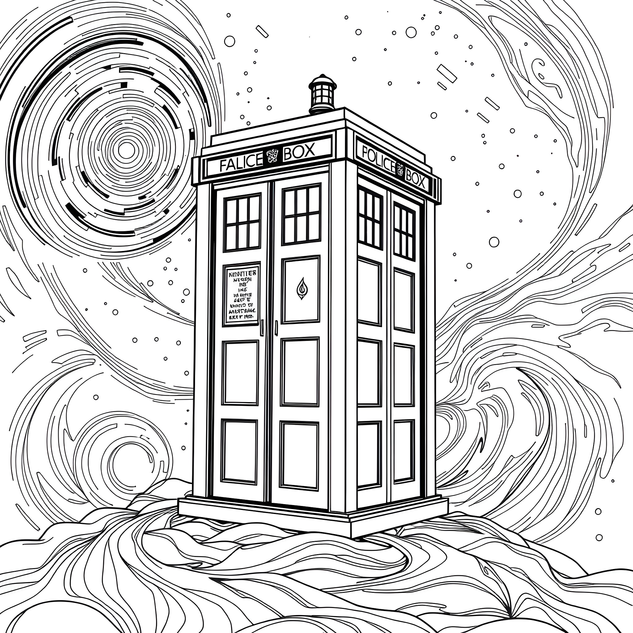 TARDIS in a Swirling Space Coloring Page (free black-and-white line drawing printable PDF for all, from beginners to advanced learners, including children, teens, adults, and seniors)