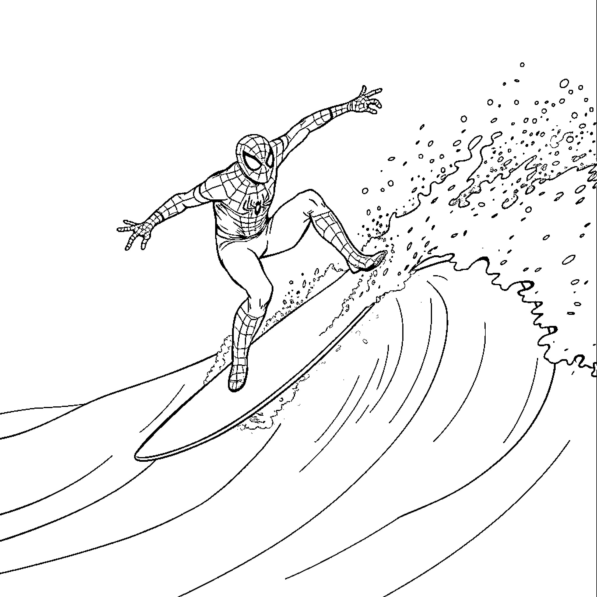 Spider-Man surfing on a wave Coloring Page (free black-and-white line drawing printable PDF for all, from beginners to advanced learners, including children, teens, adults, and seniors)