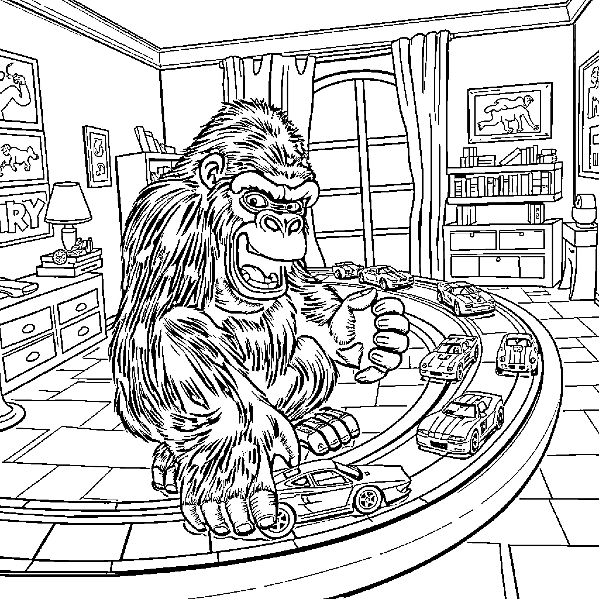 Gorilla playing with toy cars in living room Coloring Page (free black-and-white line drawing printable PDF for all, from beginners to advanced learners, including children, teens, adults, and seniors)