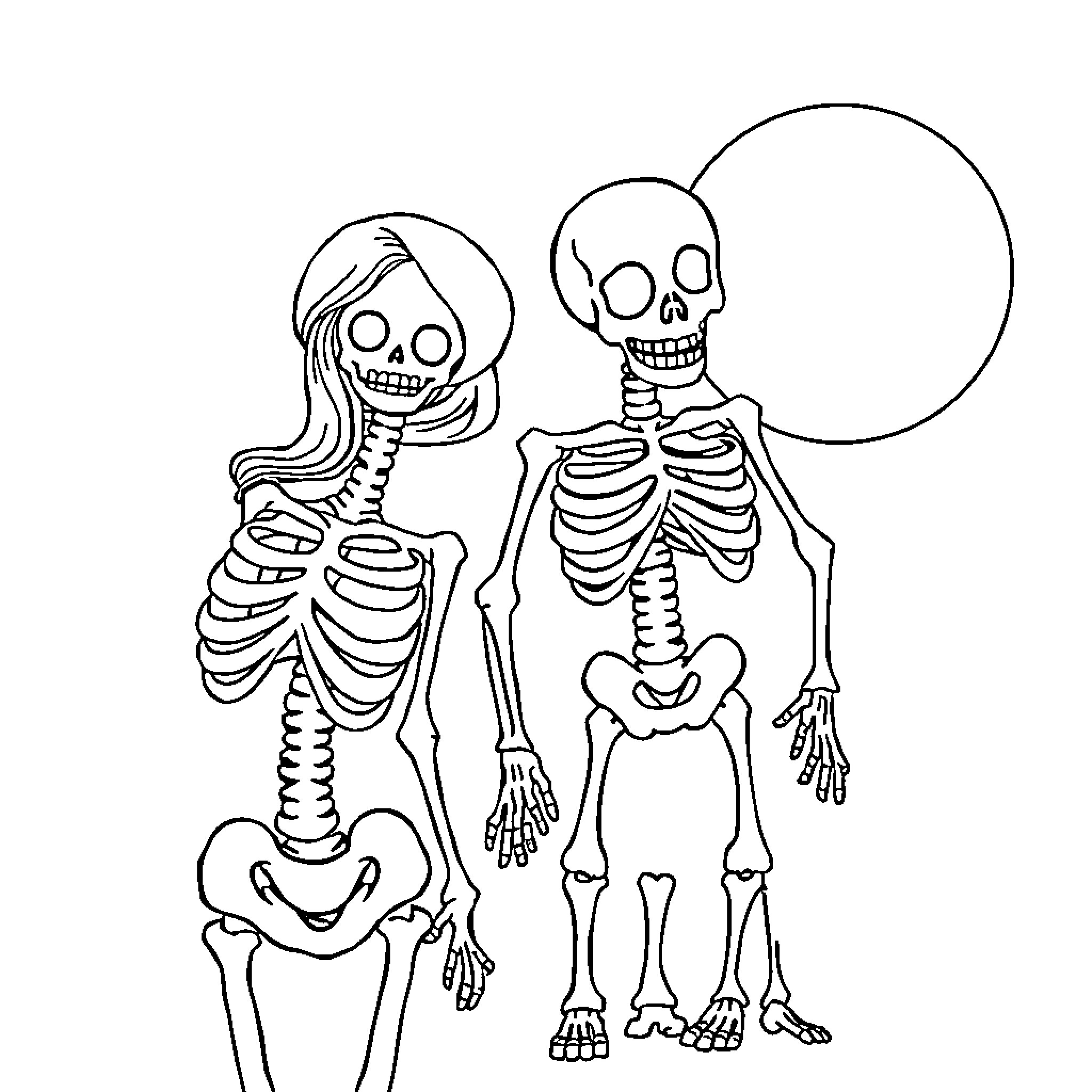 Skeleton friends posing together Coloring Page (free black-and-white line drawing printable PDF for all, from beginners to advanced learners, including children, teens, adults, and seniors)