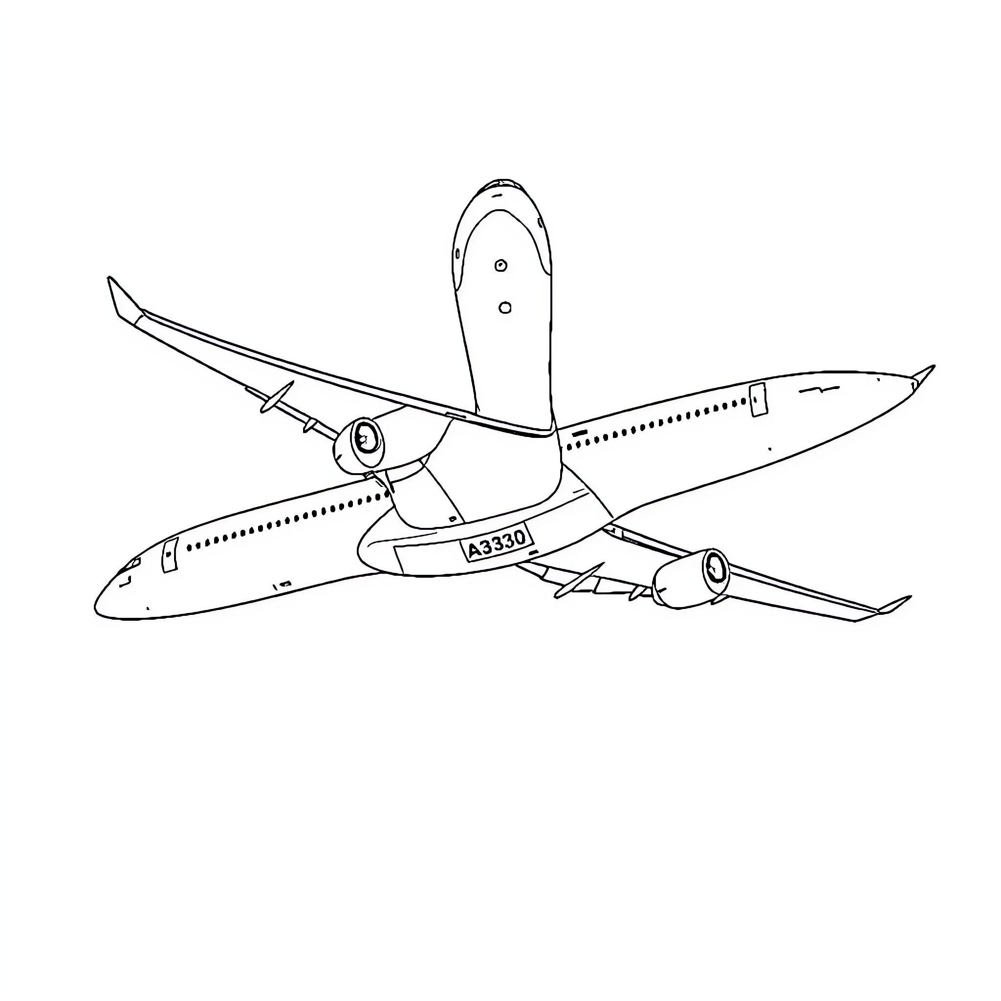 A380 aircraft in flight Coloring Page (free black-and-white line drawing printable PDF for all, from beginners to advanced learners, including children, teens, adults, and seniors)