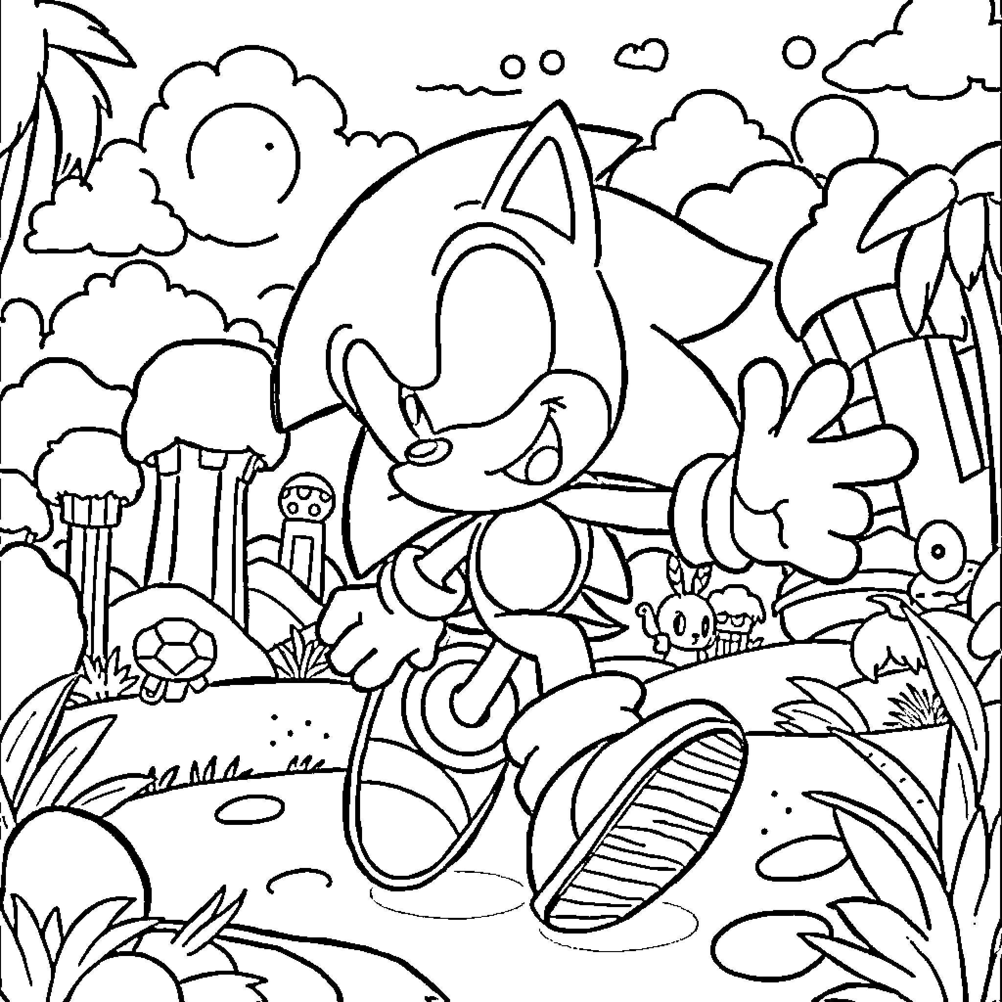 Sonic running through a fantastical landscape Coloring Page (free black-and-white line drawing printable PDF for all, from beginners to advanced learners, including children, teens, adults, and seniors)