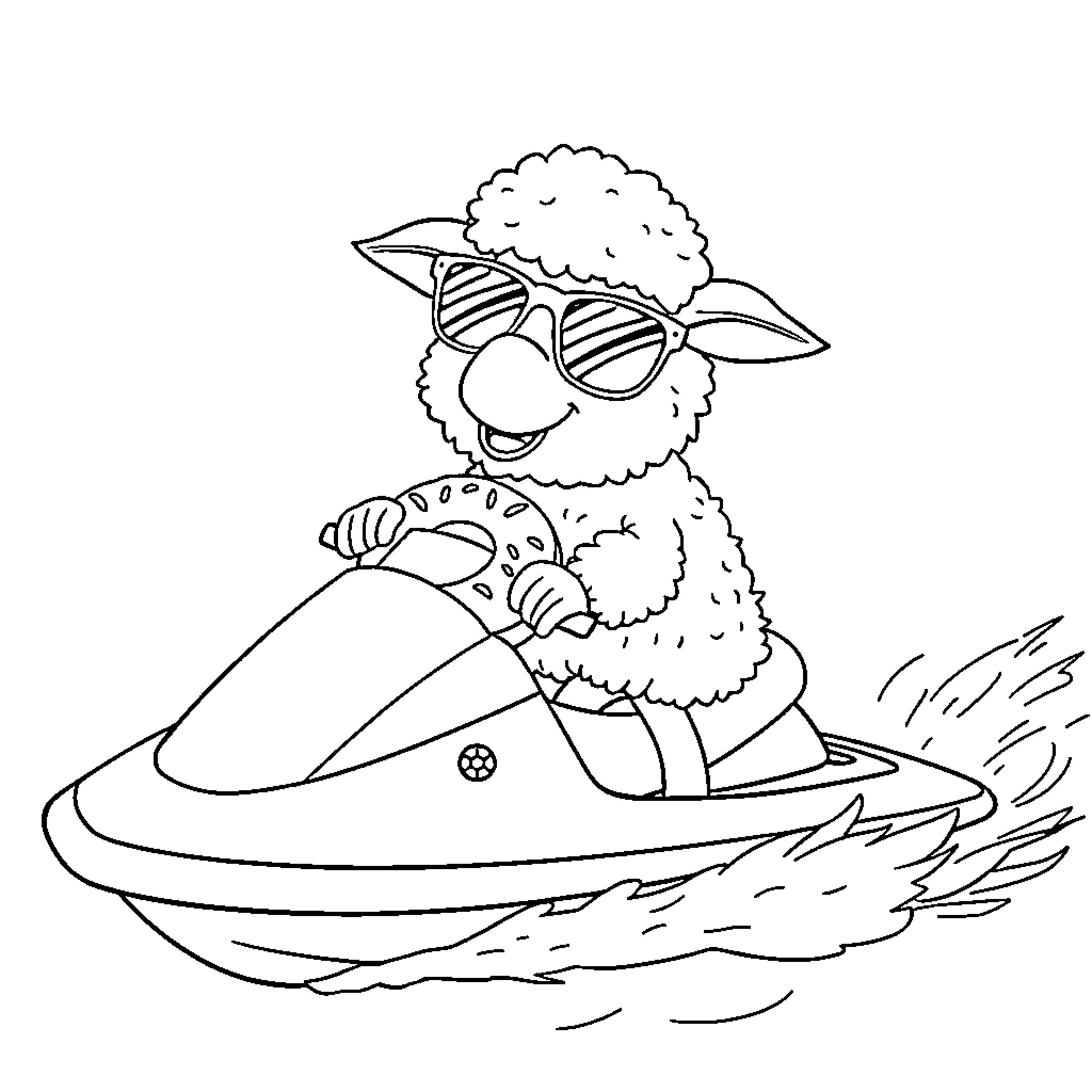 Sheep riding a jetski in sunglasses Coloring Page (free black-and-white line drawing printable PDF for all, from beginners to advanced learners, including children, teens, adults, and seniors)