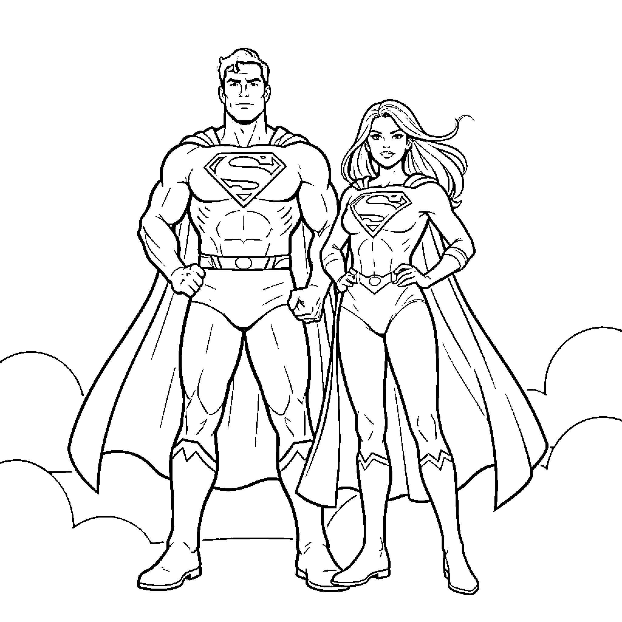 Superman and Supergirl heroic duo in action Coloring Page (free black-and-white line drawing printable PDF for all, from beginners to advanced learners, including children, teens, adults, and seniors)
