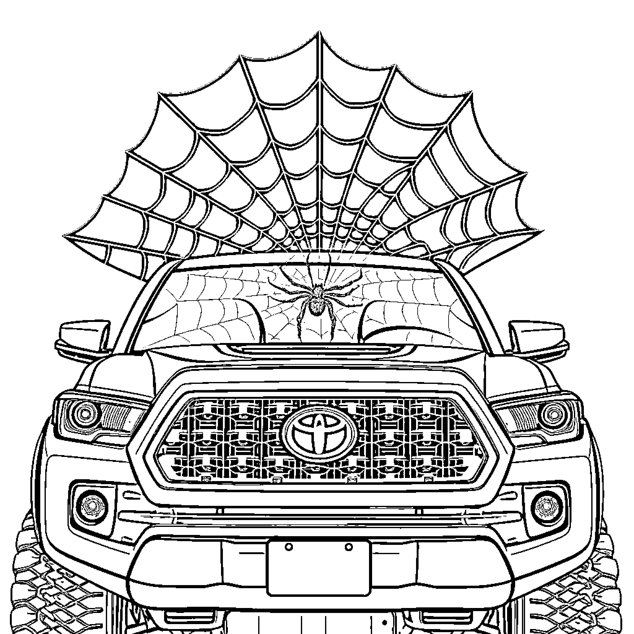 Spiderweb covering the front of a vehicle Coloring Page (free black-and-white line drawing printable PDF for all, from beginners to advanced learners, including children, teens, adults, and seniors)
