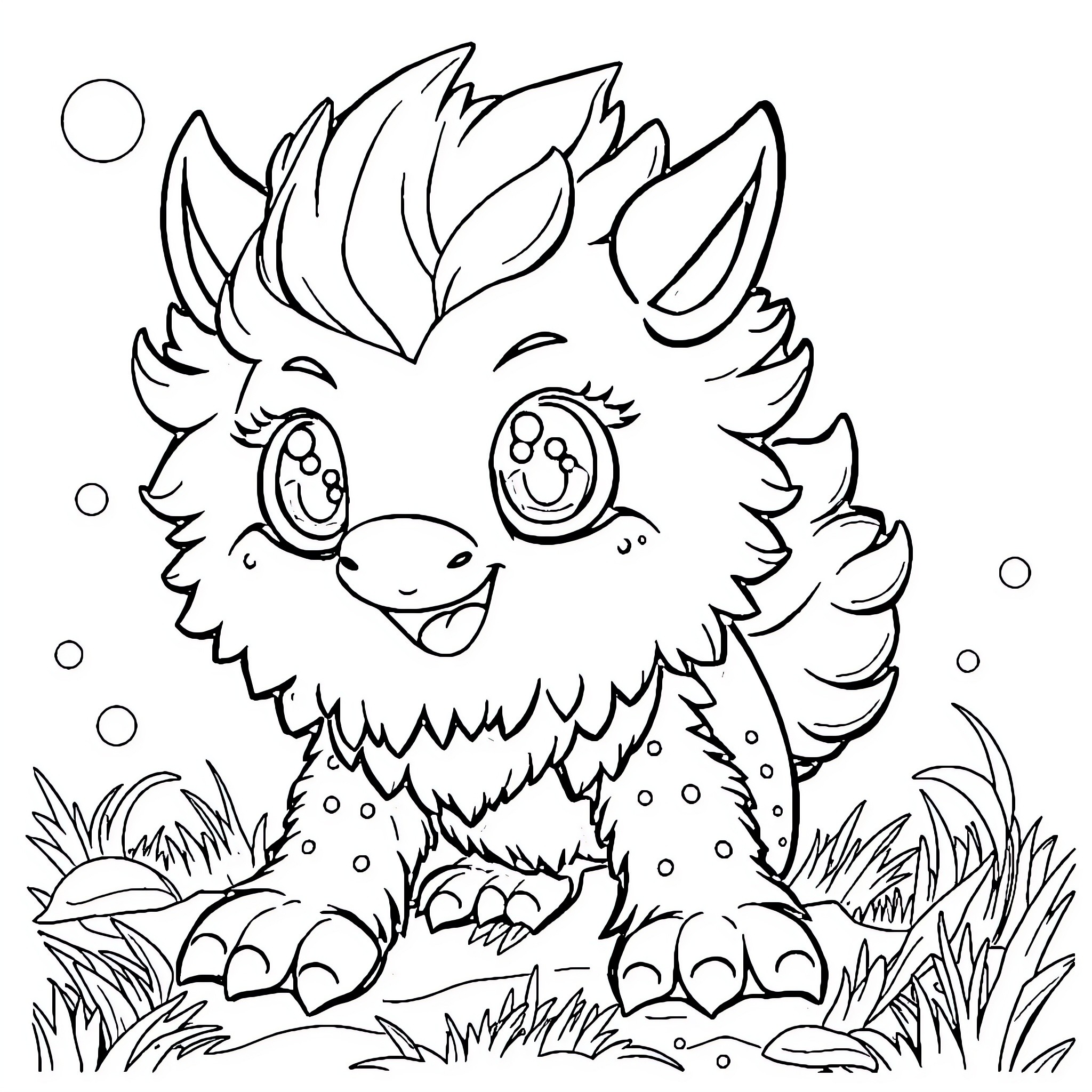 Wotwowi Adorable Fluffy Creature Frolicking in Nature Coloring Page (free black-and-white line drawing printable PDF for all, from beginners to advanced learners, including children, teens, adults, and seniors)