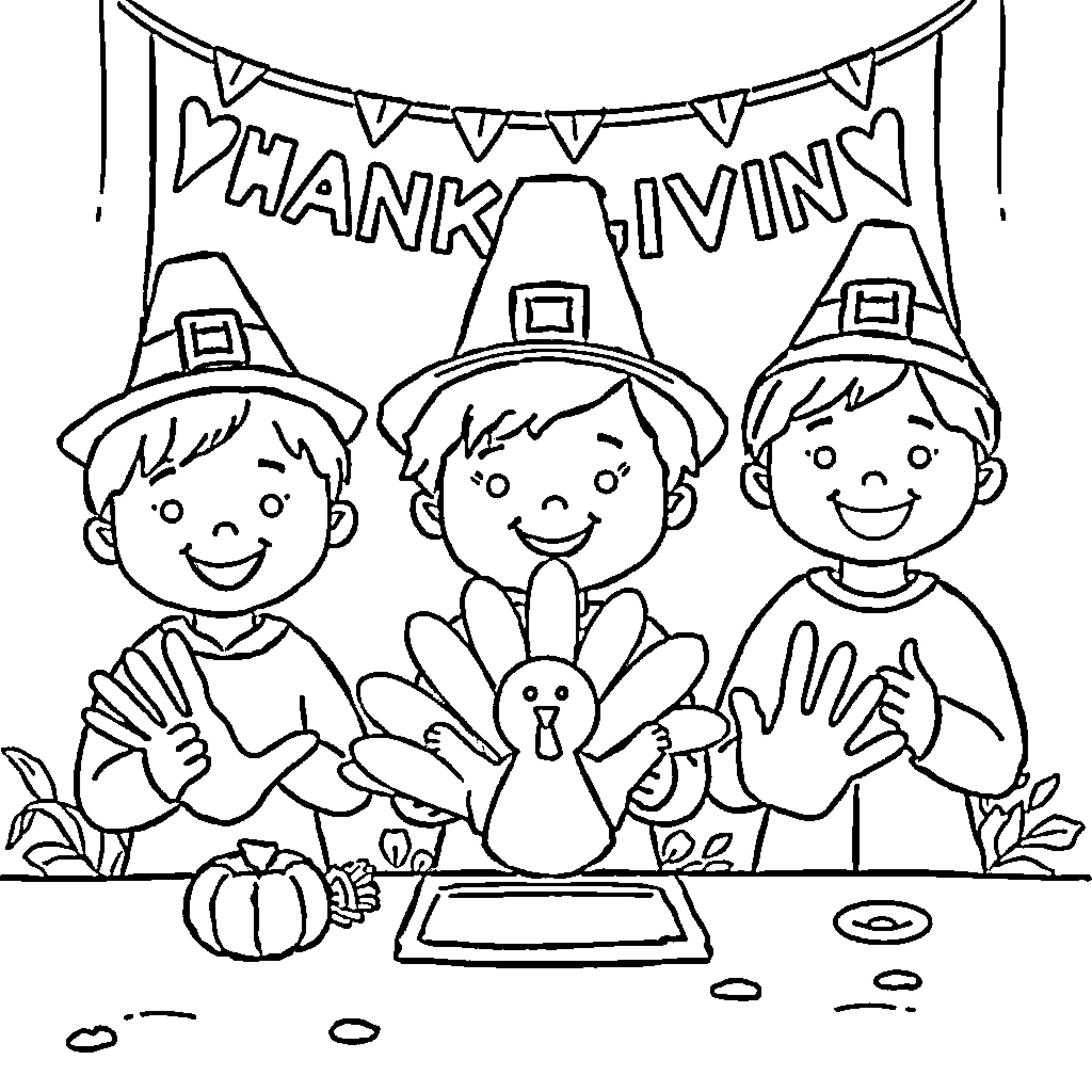 Thanksgiving celebration with joyful children Coloring Page (free black-and-white line drawing printable PDF for all, from beginners to advanced learners, including children, teens, adults, and seniors)