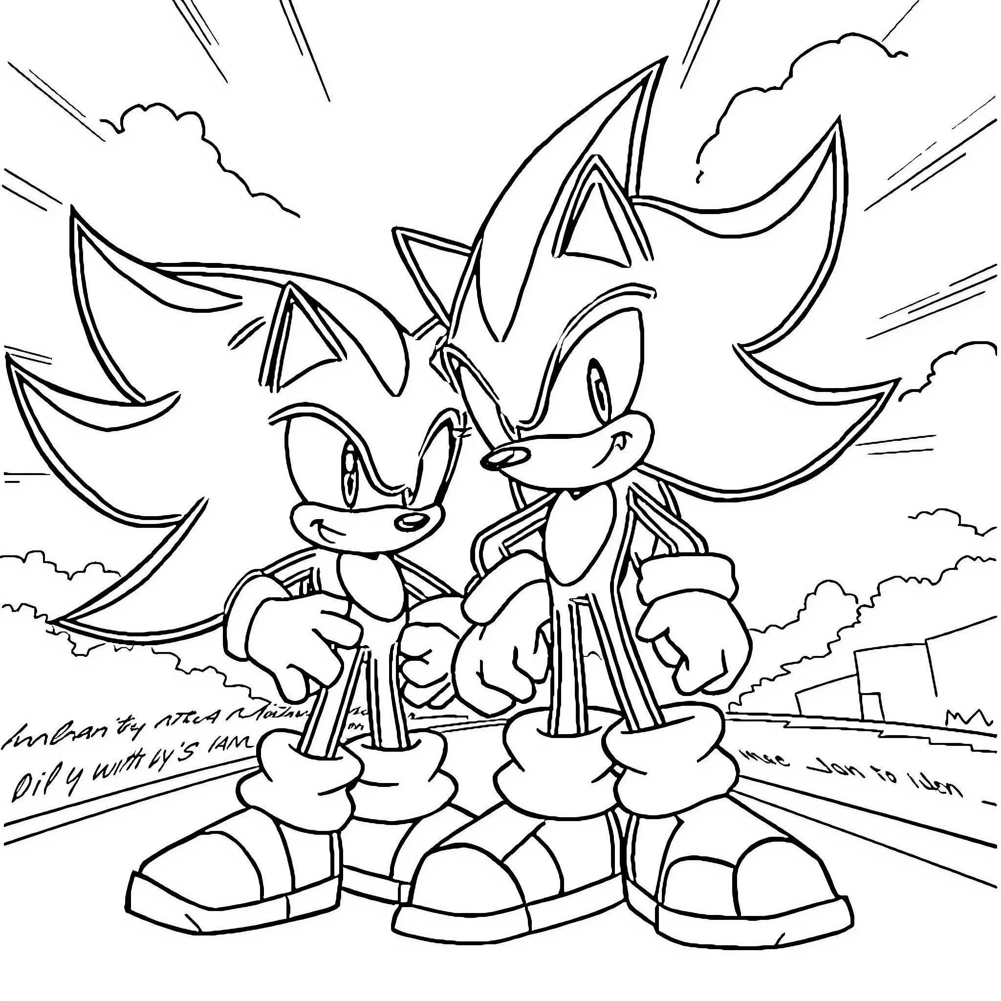 Sonic heroes dashing through the city Coloring Page (free black-and-white line drawing printable PDF for all, from beginners to advanced learners, including children, teens, adults, and seniors)