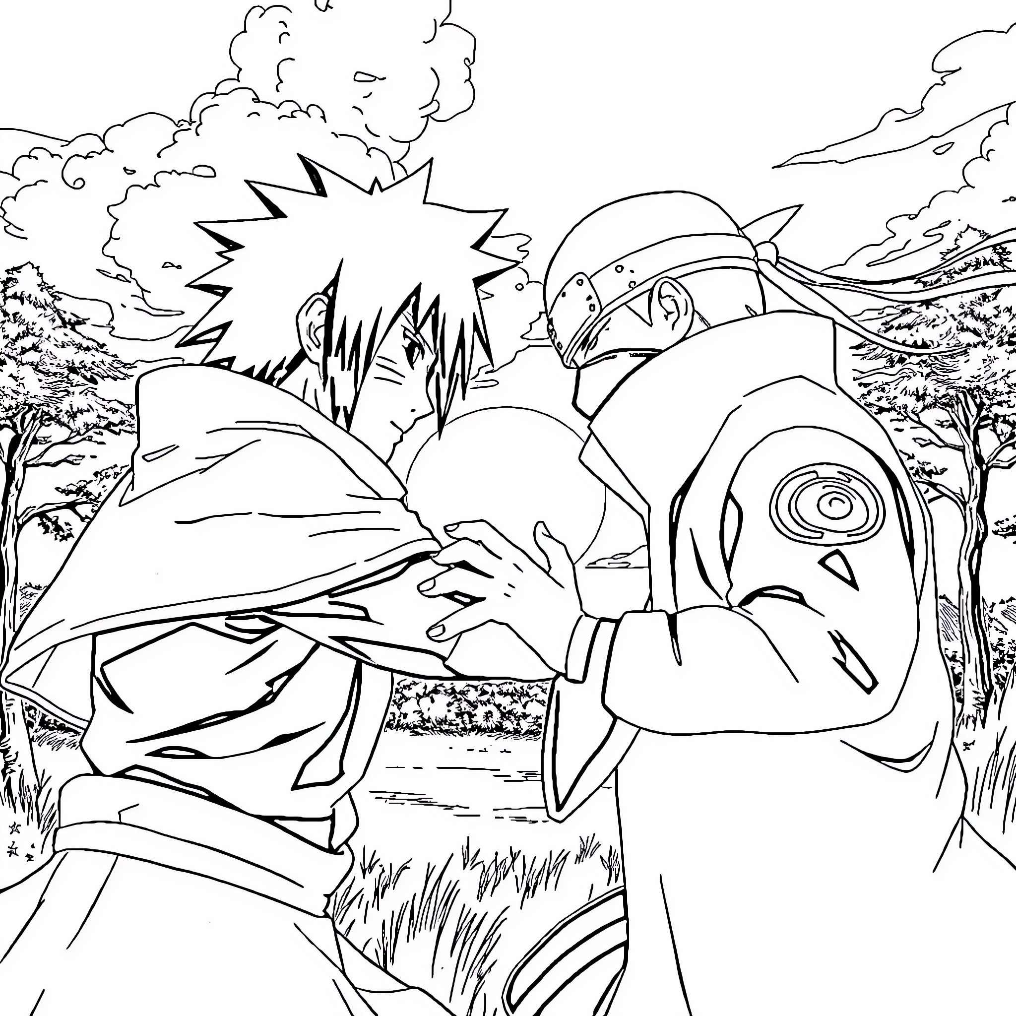 Sasuke and Naruto's intense battle in the forest Coloring Page (free black-and-white line drawing printable PDF for all, from beginners to advanced learners, including children, teens, adults, and seniors)