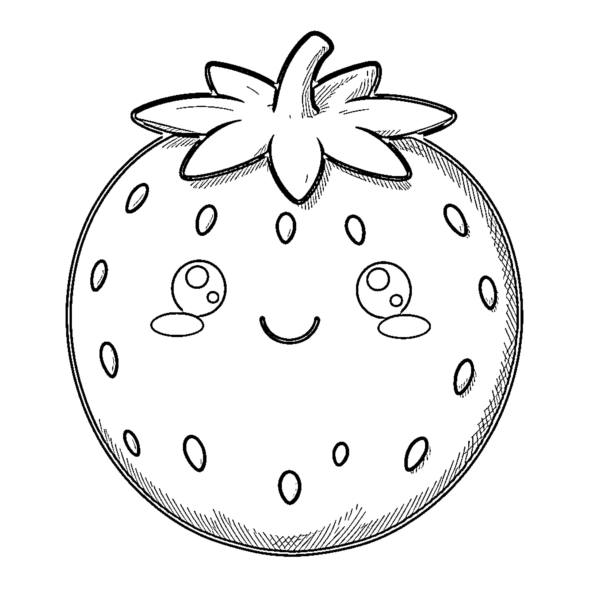 Strawberry with a friendly face Coloring Page (free black-and-white line drawing printable PDF for all, from beginners to advanced learners, including children, teens, adults, and seniors)