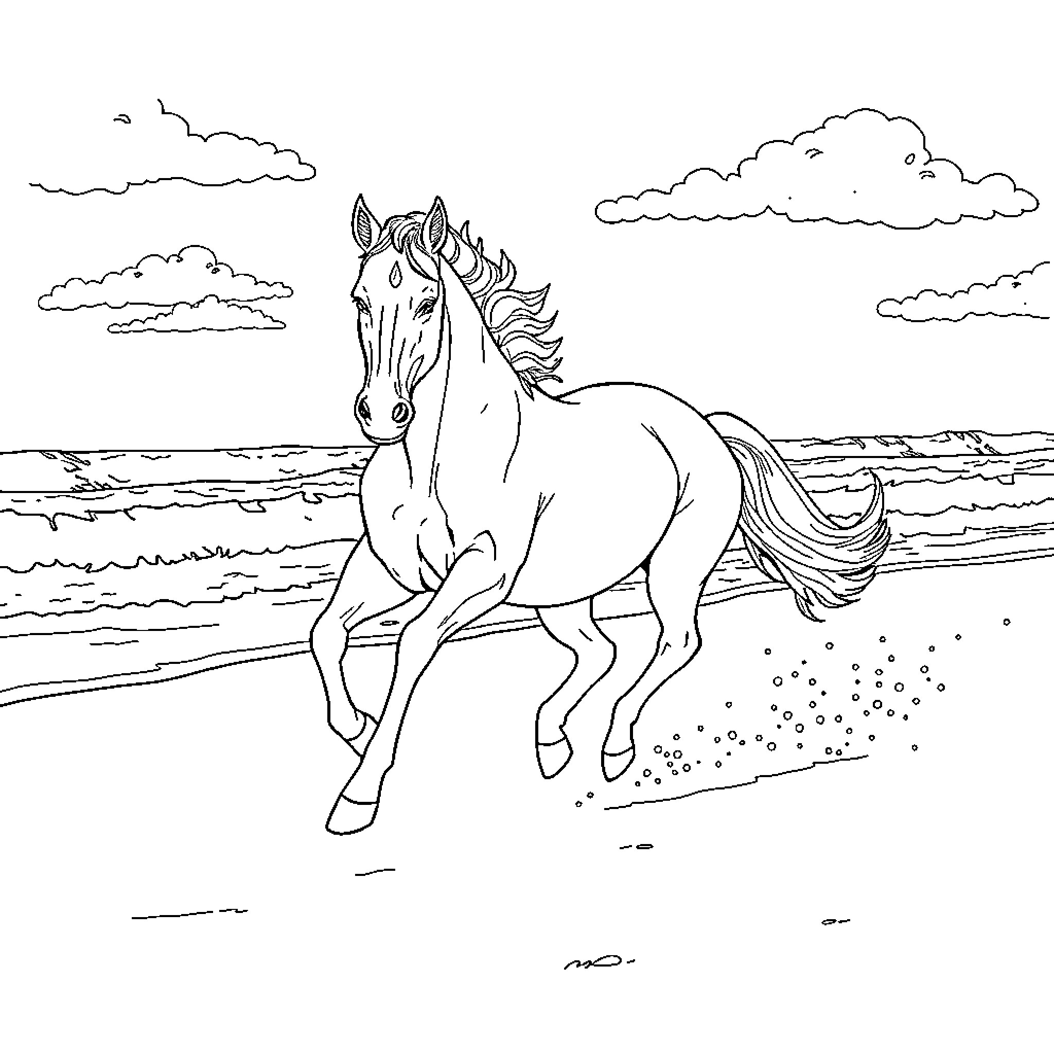 Horse galloping freely on the beach Coloring Page (free black-and-white line drawing printable PDF for all, from beginners to advanced learners, including children, teens, adults, and seniors)