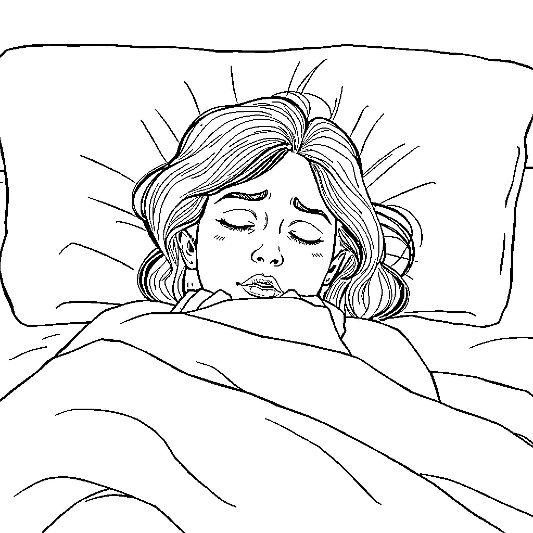 Mother resting peacefully in her bed Coloring Page (free black-and-white line drawing printable PDF for all, from beginners to advanced learners, including children, teens, adults, and seniors)