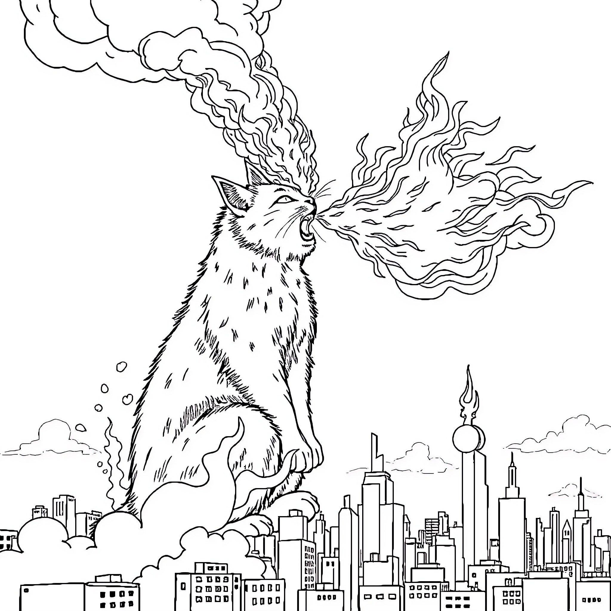 Cat breathing fire over the city Coloring Page (free black-and-white line drawing printable PDF for all, from beginners to advanced learners, including children, teens, adults, and seniors)