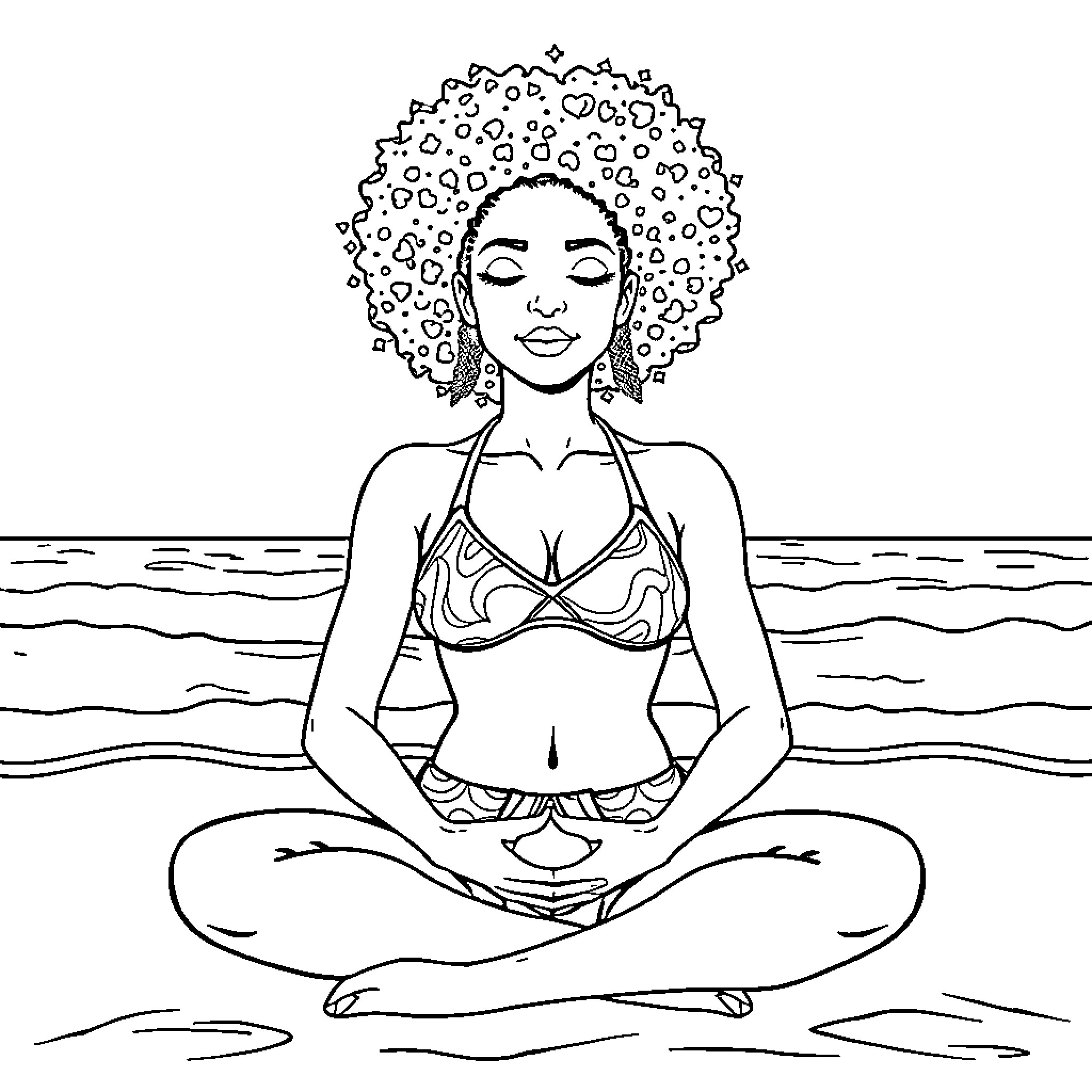Woman meditating peacefully in the ocean Coloring Page (free black-and-white line drawing printable PDF for all, from beginners to advanced learners, including children, teens, adults, and seniors)