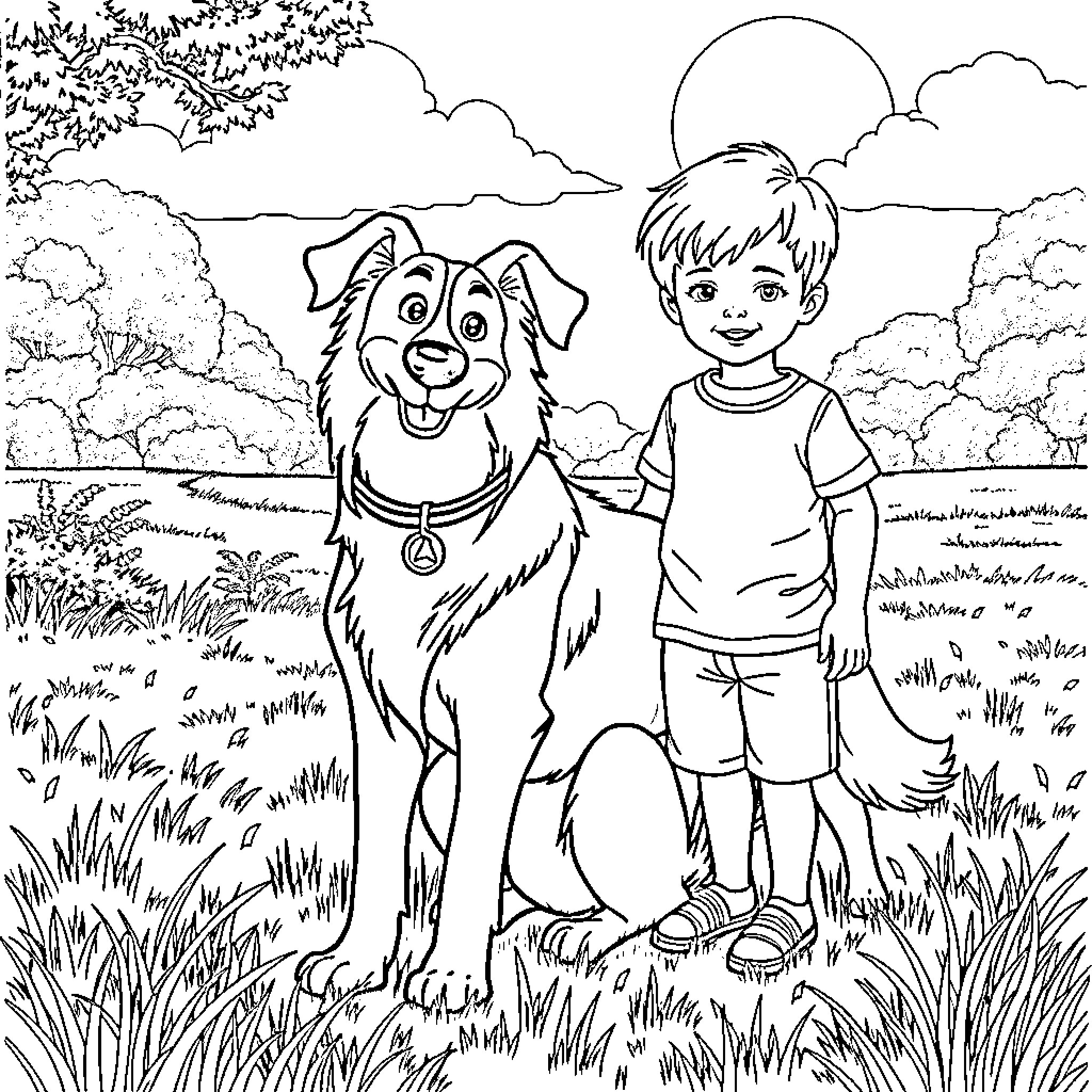 Lassie and a young boy standing in a meadow Coloring Page (free black-and-white line drawing printable PDF for all, from beginners to advanced learners, including children, teens, adults, and seniors)