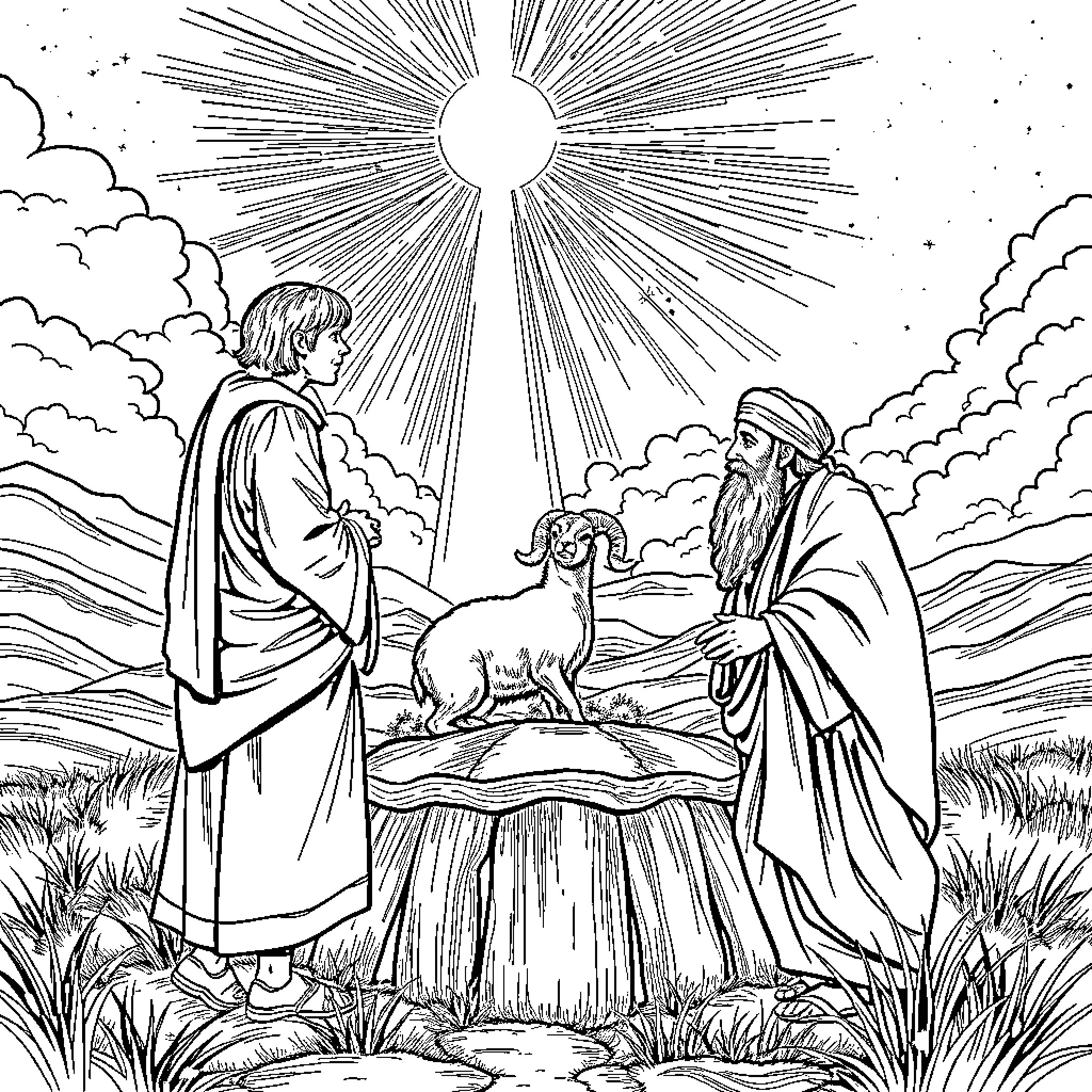 Abraham Greets a Stranger and His Lamb in the Desert Coloring Page (free black-and-white line drawing printable PDF for all, from beginners to advanced learners, including children, teens, adults, and seniors)