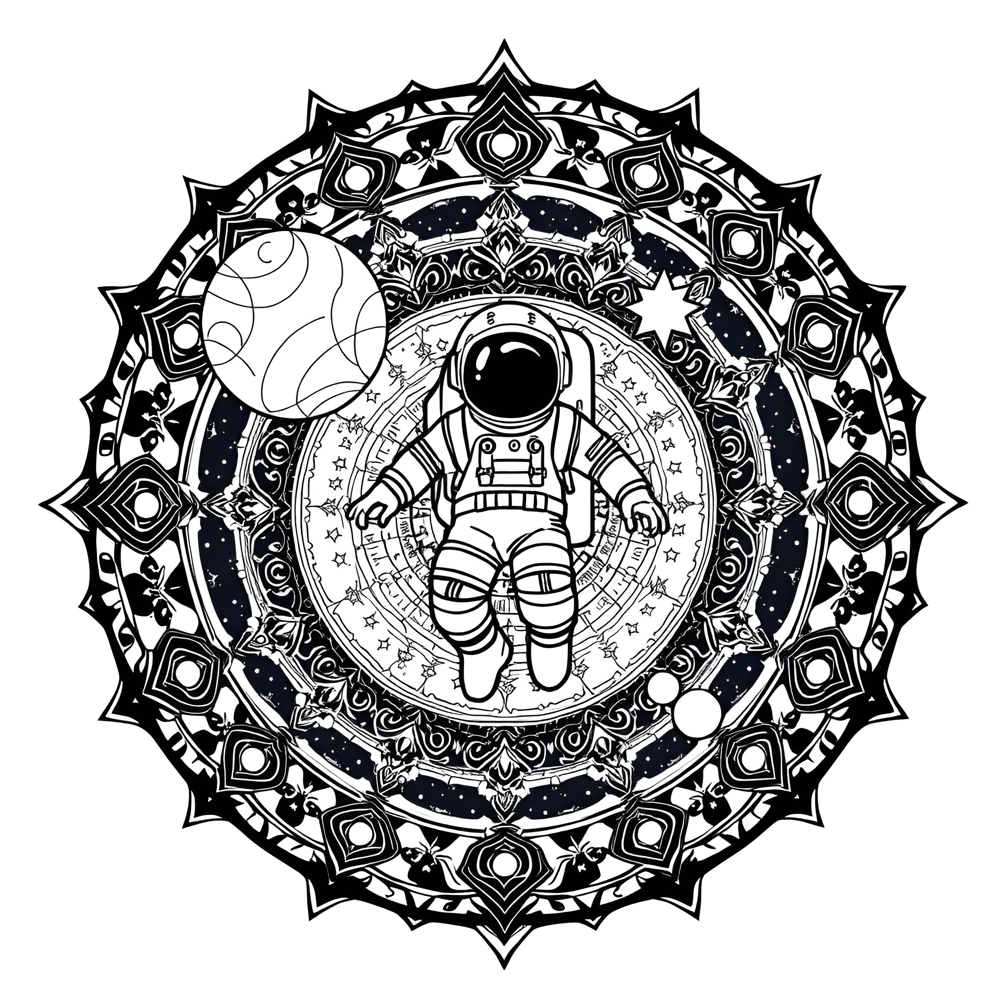 Astronaut floating in mystical cosmic mandala Coloring Page (free black-and-white line drawing printable PDF for all, from beginners to advanced learners, including children, teens, adults, and seniors)