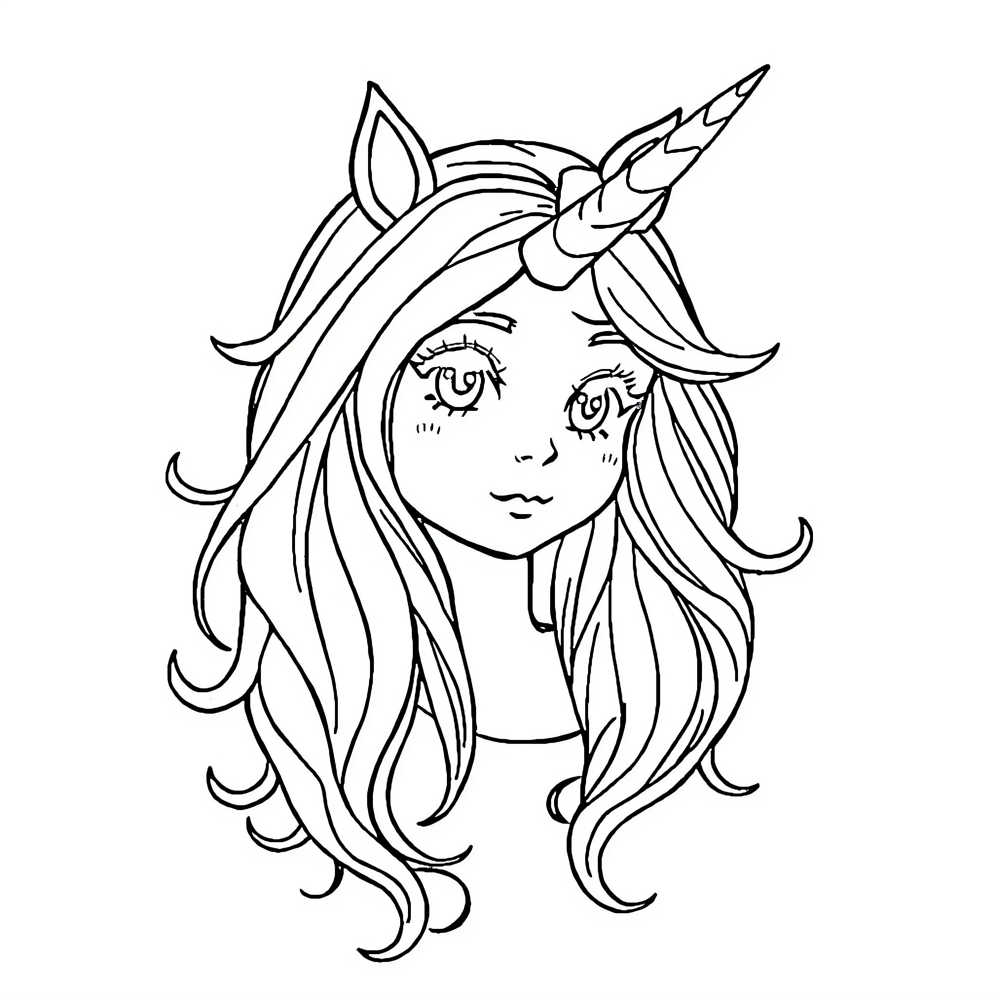 Unicorn Girl with Flowing Hair and Unicorn Horn Coloring Page (free black-and-white line drawing printable PDF for all, from beginners to advanced learners, including children, teens, adults, and seniors)