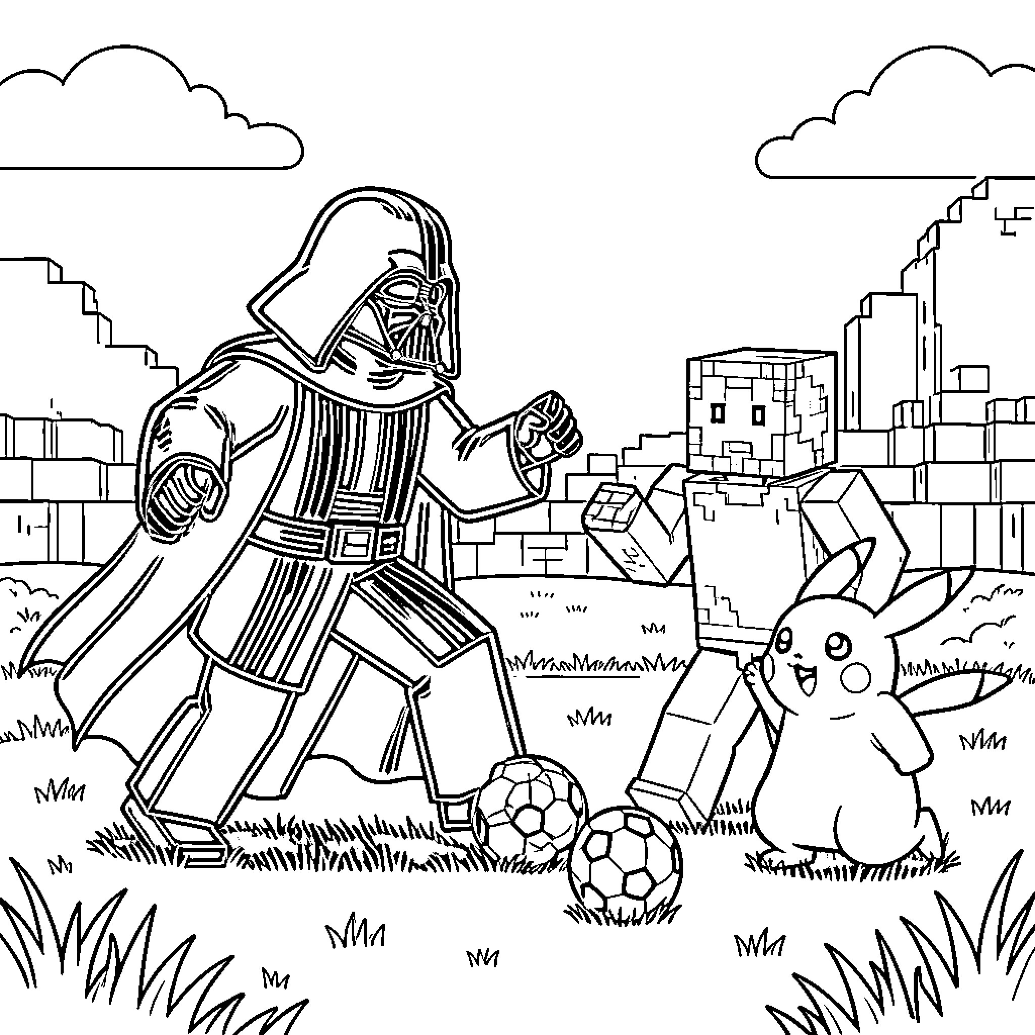 Darth Vader playing soccer with Pikachu and Minecraft character Coloring Page (free black-and-white line drawing printable PDF for all, from beginners to advanced learners, including children, teens, adults, and seniors)
