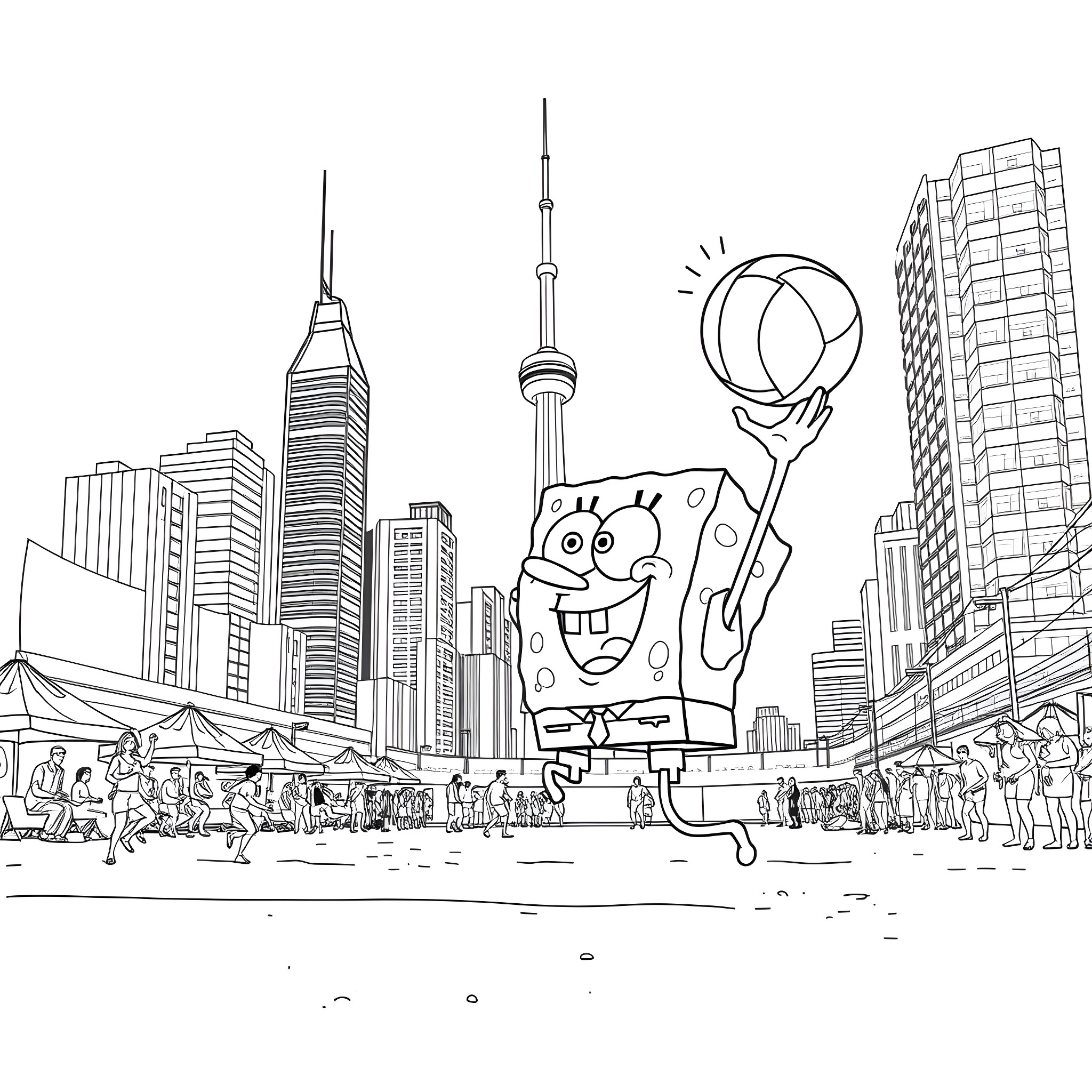 Spongebob enjoys the city skyline and plays basketball Coloring Page (free black-and-white line drawing printable PDF for all, from beginners to advanced learners, including children, teens, adults, and seniors)